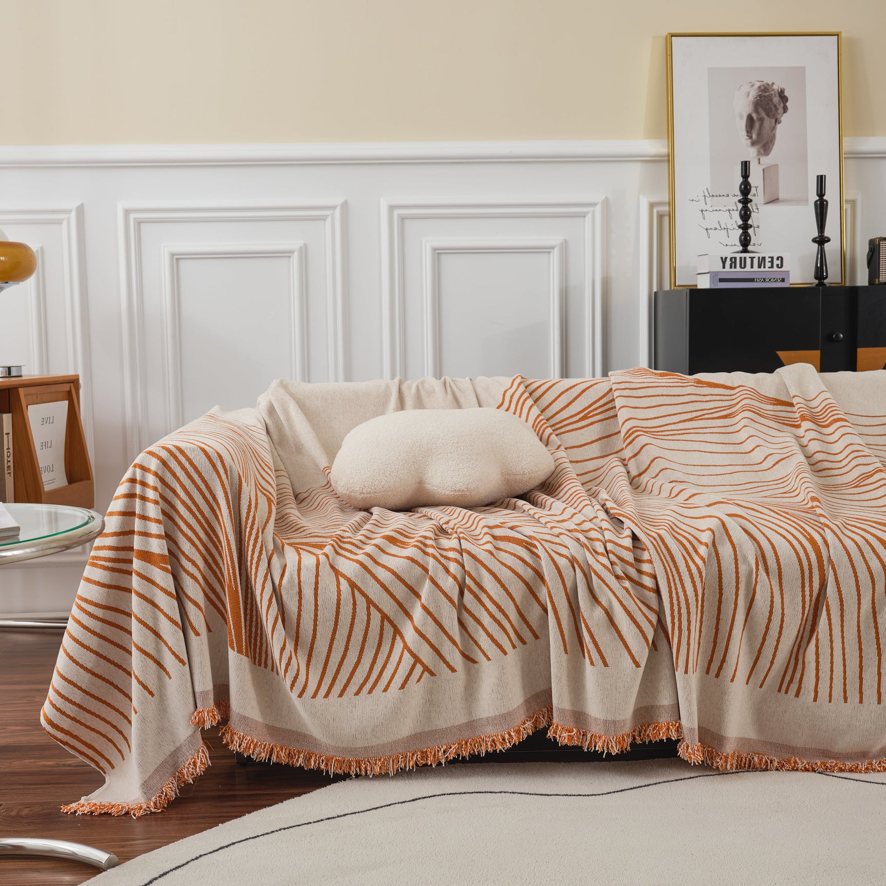 Chenille Striped Sofa Throw Blanket, Furniture Throw Covers Living Room Couch Cover - Ornate Home