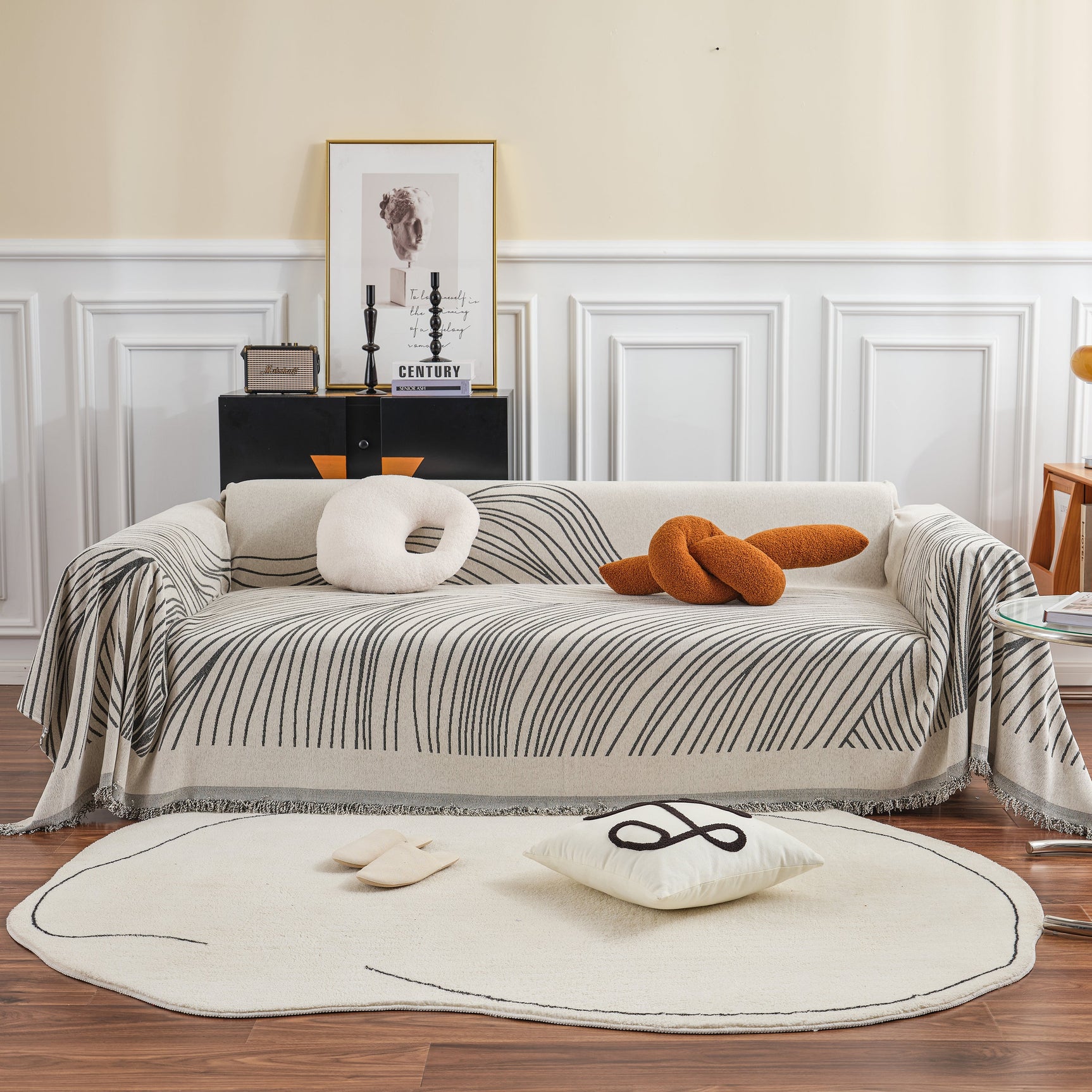 Chenille Striped Sofa Throw Blanket, Furniture Throw Covers Living Room Couch Cover - Ornate Home