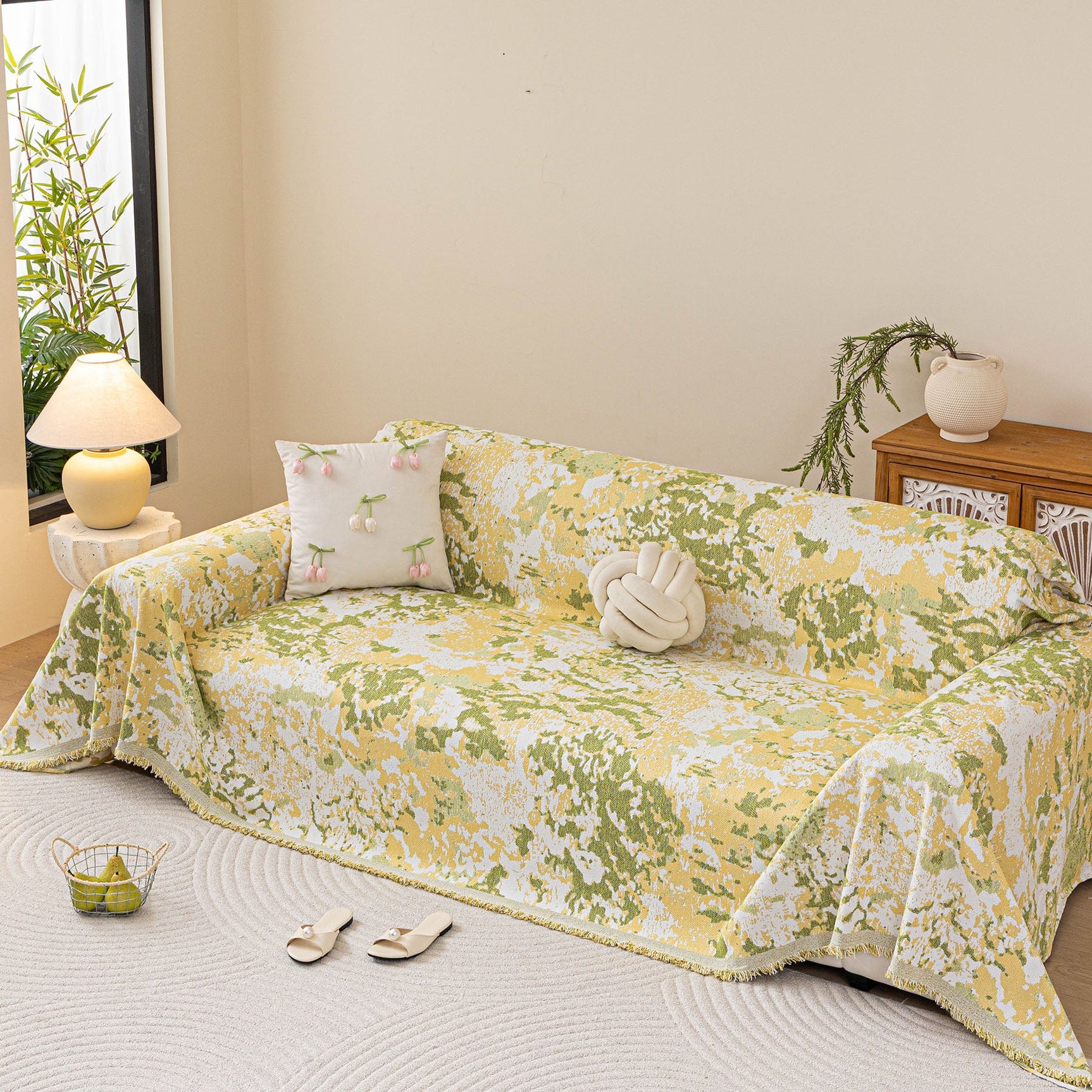 Chenille Throw Blanket Sofa Cover, Abstract Watercolor Couch Cover with Tassel Fringe - Ornate Home