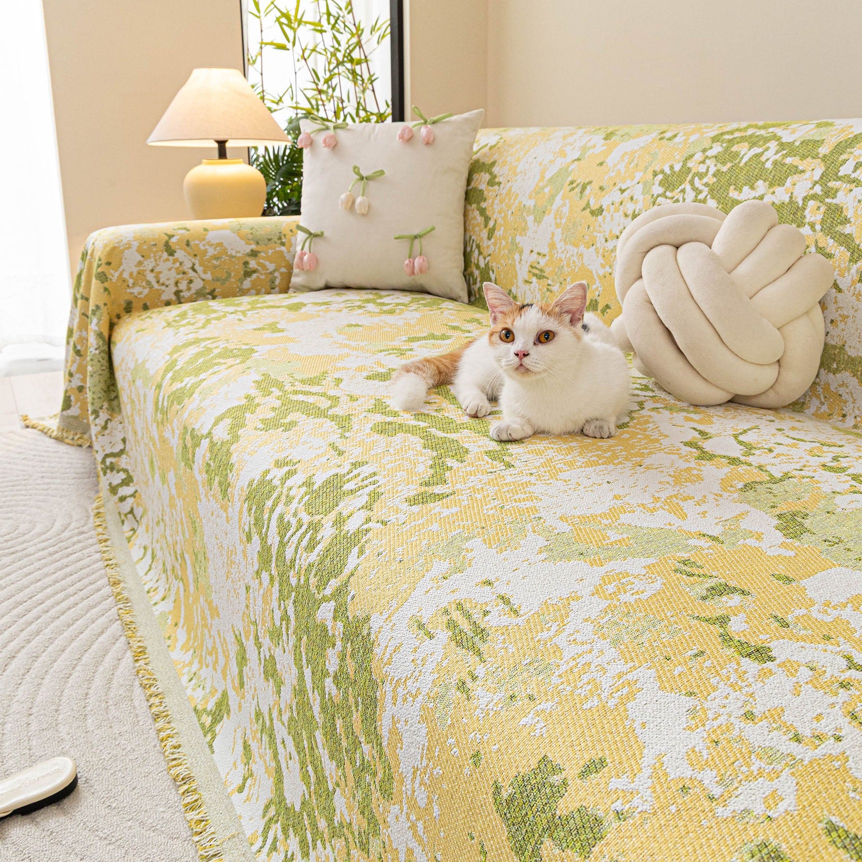 Chenille Throw Blanket Sofa Cover, Abstract Watercolor Couch Cover with Tassel Fringe - Ornate Home