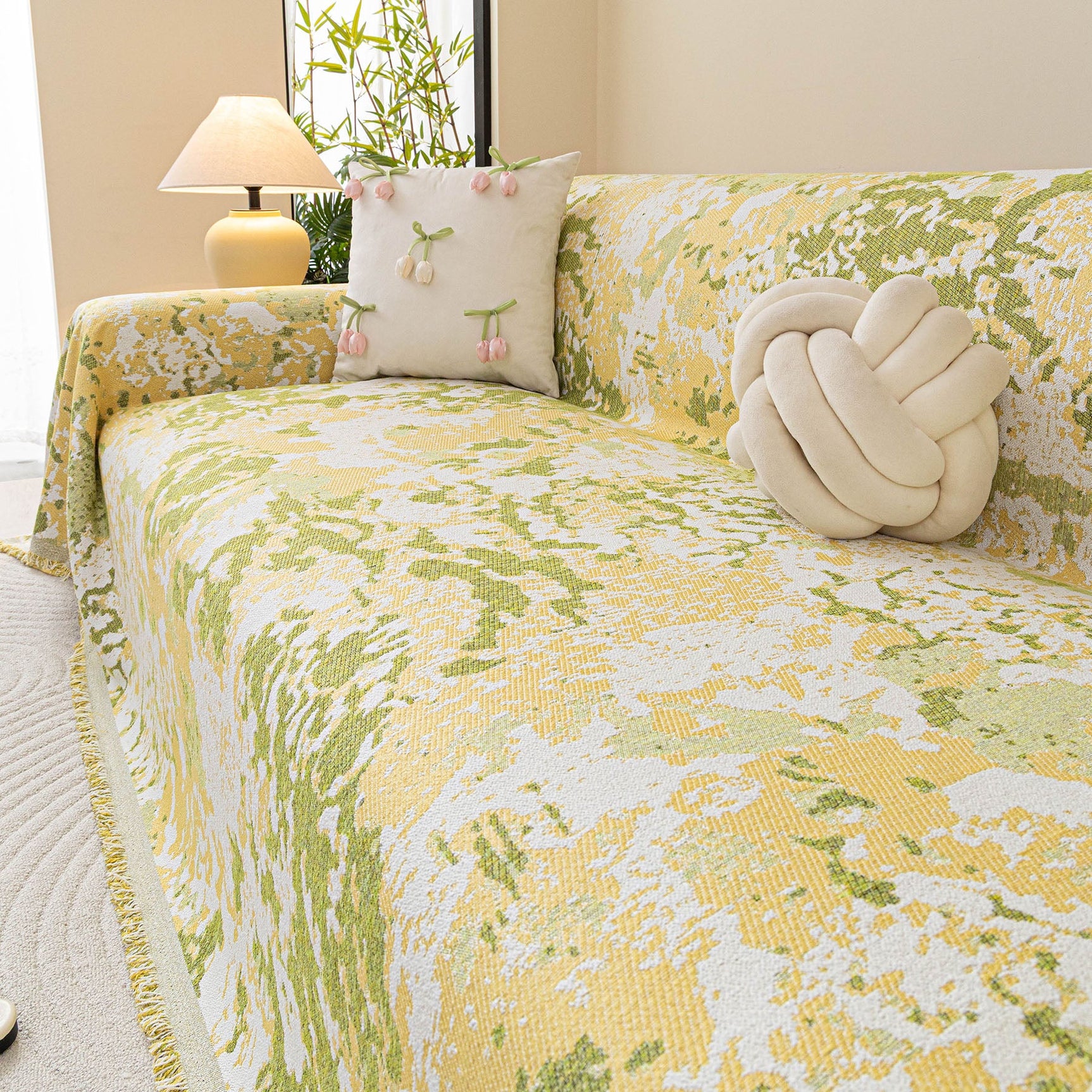 Chenille Throw Blanket Sofa Cover, Abstract Watercolor Couch Cover with Tassel Fringe - Ornate Home