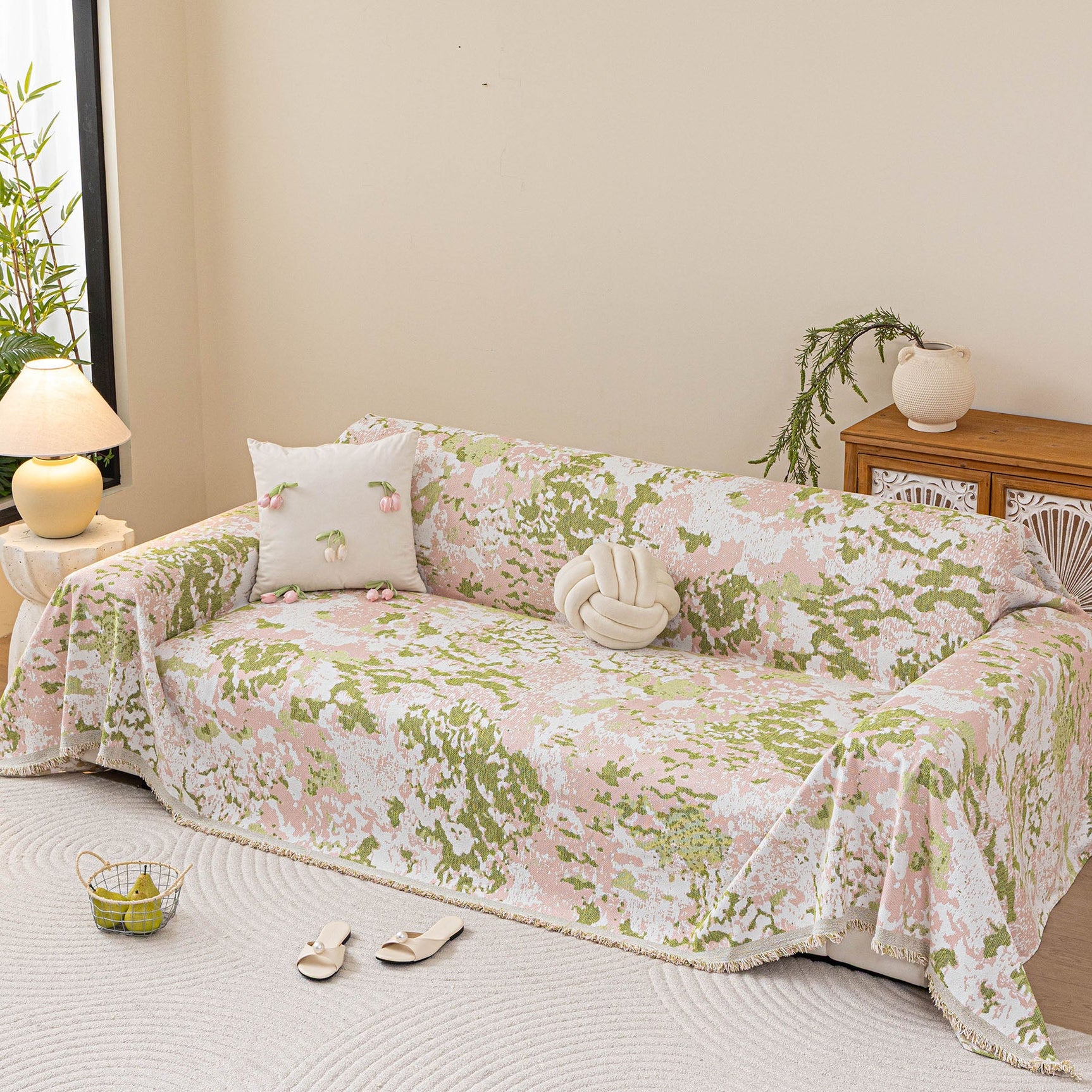 Chenille Throw Blanket Sofa Cover, Abstract Watercolor Couch Cover with Tassel Fringe - Ornate Home