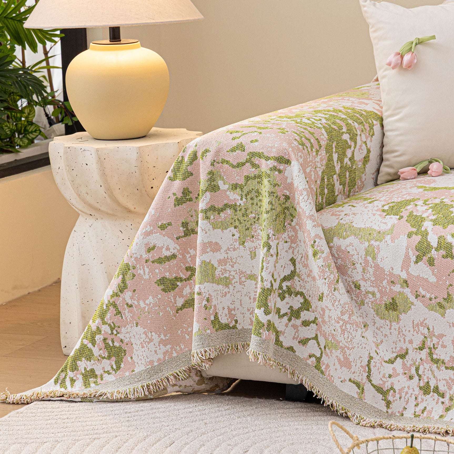 Chenille Throw Blanket Sofa Cover, Abstract Watercolor Couch Cover with Tassel Fringe - Ornate Home