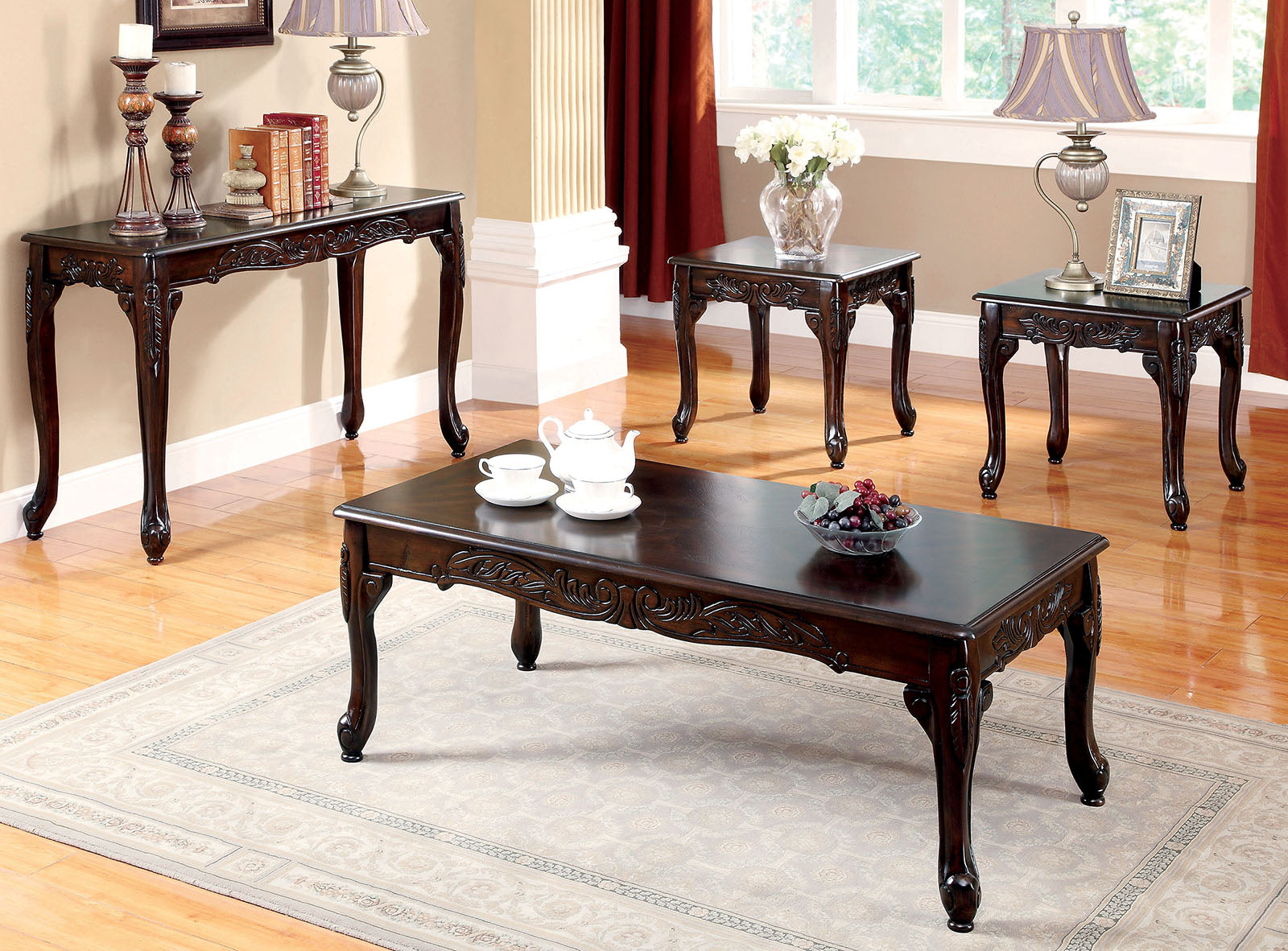 Cheshire Dark Cherry 3 Pc. Coffee Table Set - Ornate Home