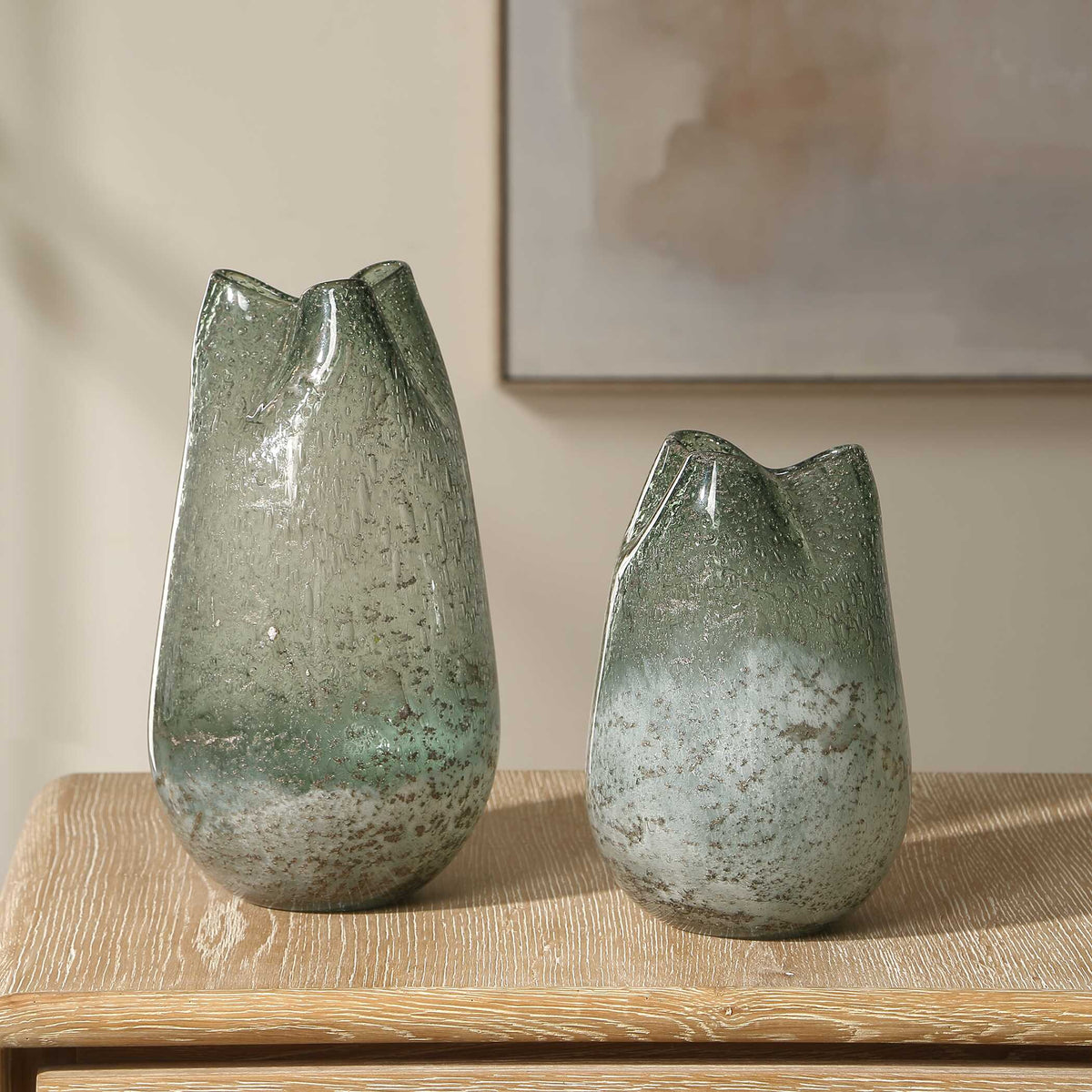 Chianti Blue/Green Seeded Glass Vases (Set of 2) - Ornate Home