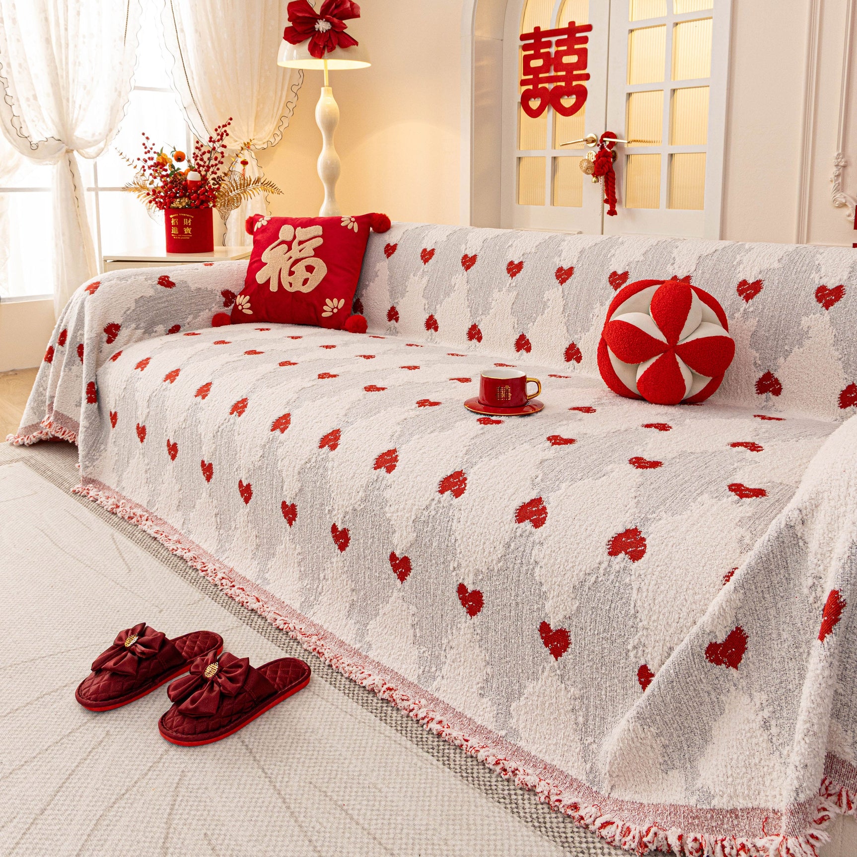 Chinese New Year Sofa Throw Cover Blanket, Decor Festive Red Fu Pattern Couch Cover - Ornate Home