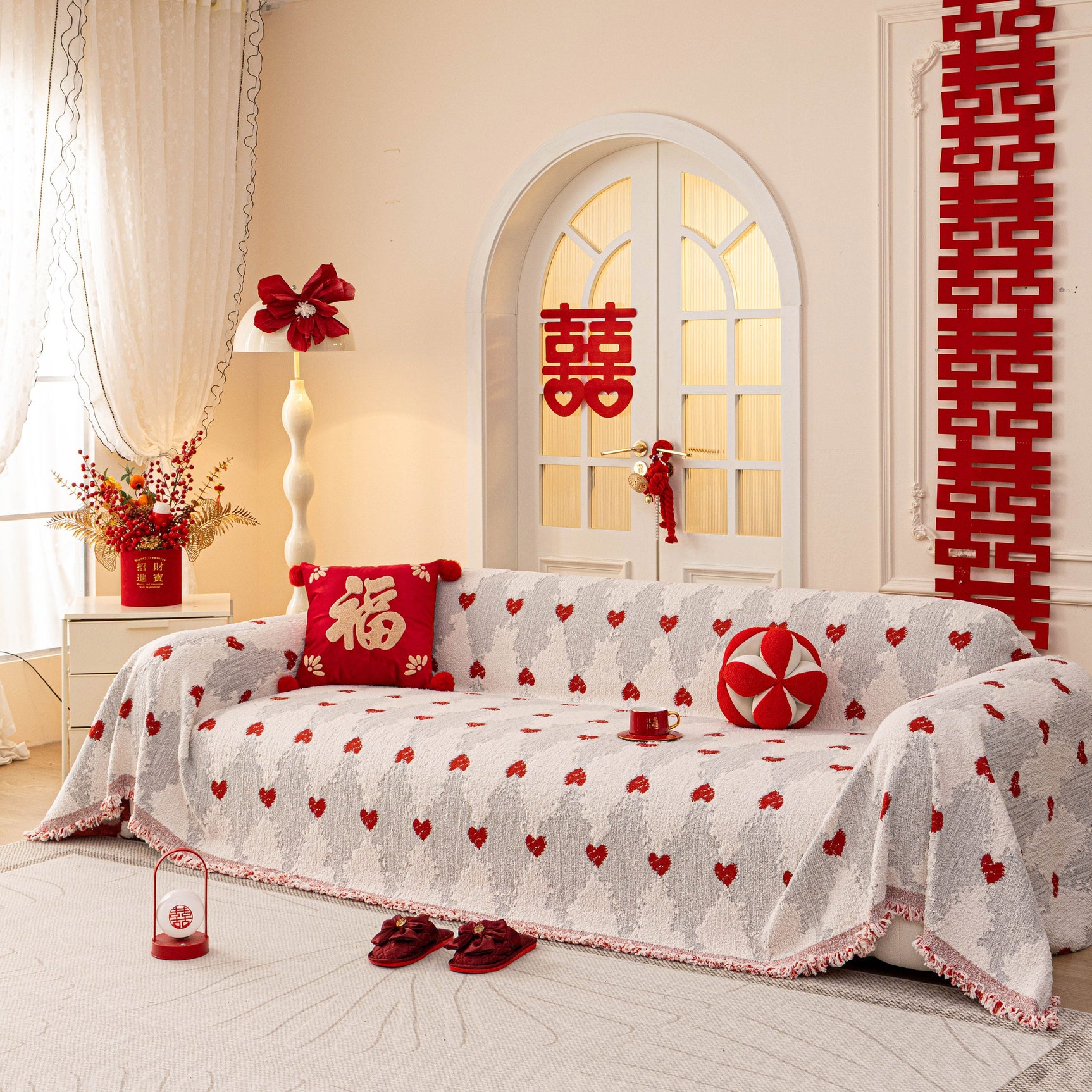 Chinese New Year Sofa Throw Cover Blanket, Decor Festive Red Fu Pattern Couch Cover - Ornate Home