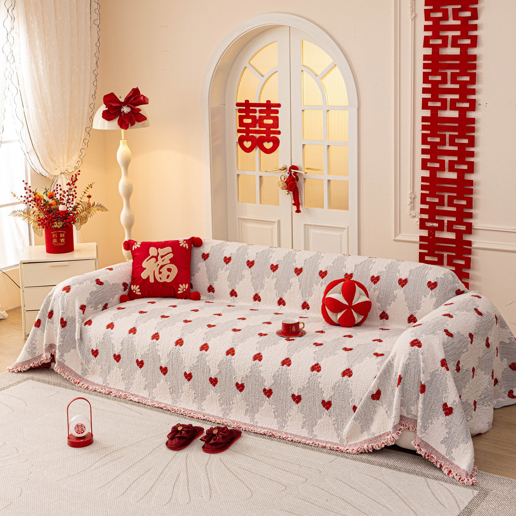 Chinese New Year Sofa Throw Cover Blanket, Decor Festive Red Fu Pattern Couch Cover - Ornate Home