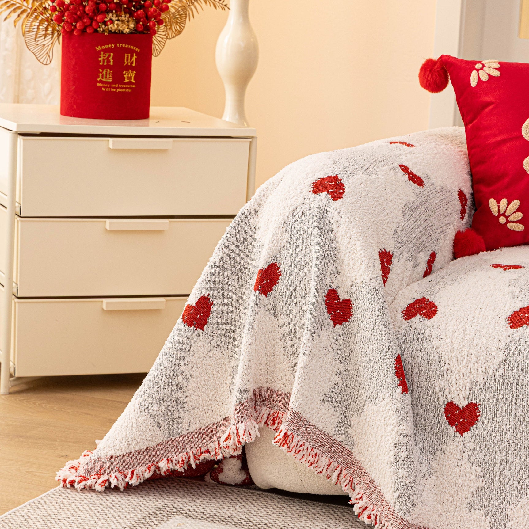Chinese New Year Sofa Throw Cover Blanket, Decor Festive Red Fu Pattern Couch Cover - Ornate Home