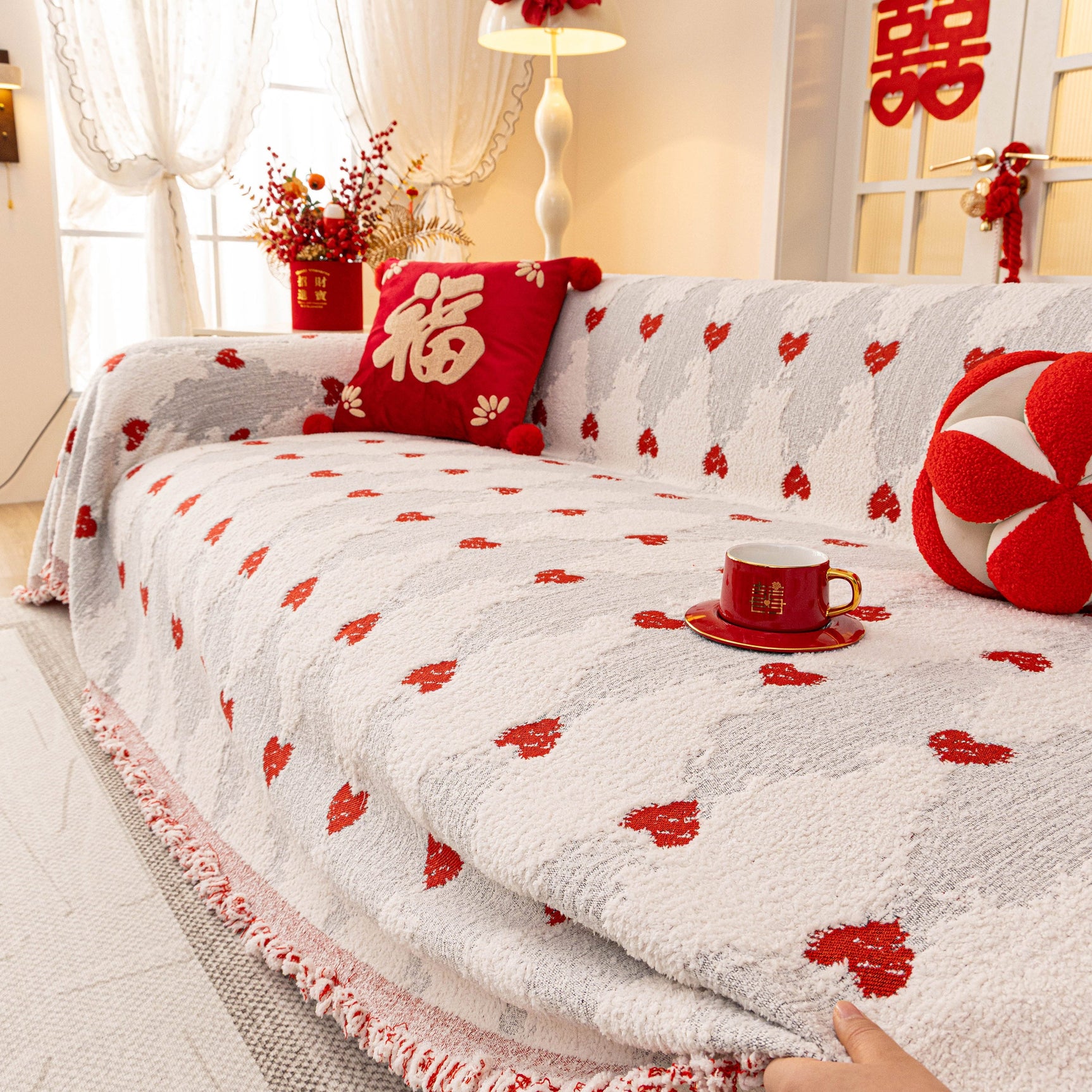 Chinese New Year Sofa Throw Cover Blanket, Decor Festive Red Fu Pattern Couch Cover - Ornate Home