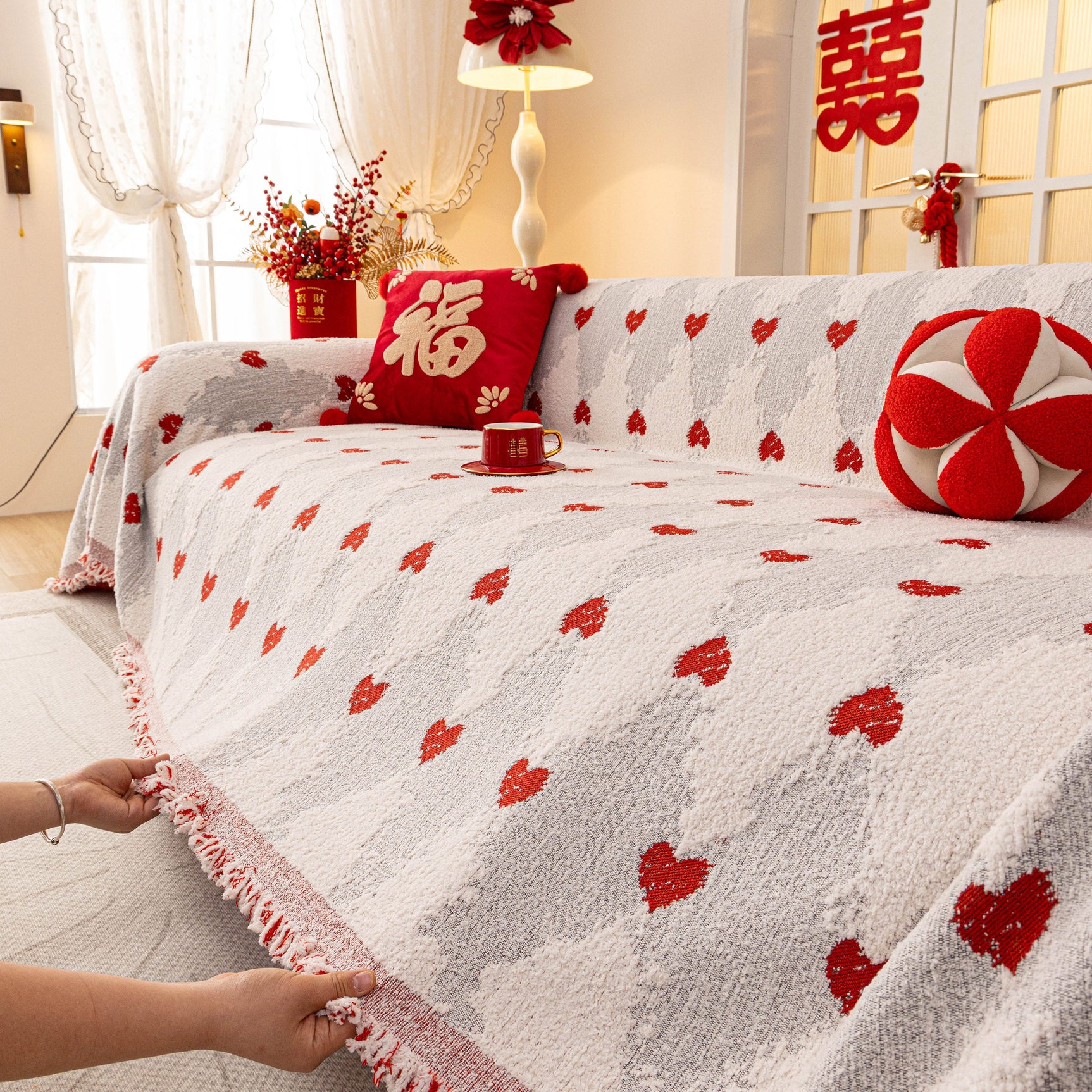 Chinese New Year Sofa Throw Cover Blanket, Decor Festive Red Fu Pattern Couch Cover - Ornate Home