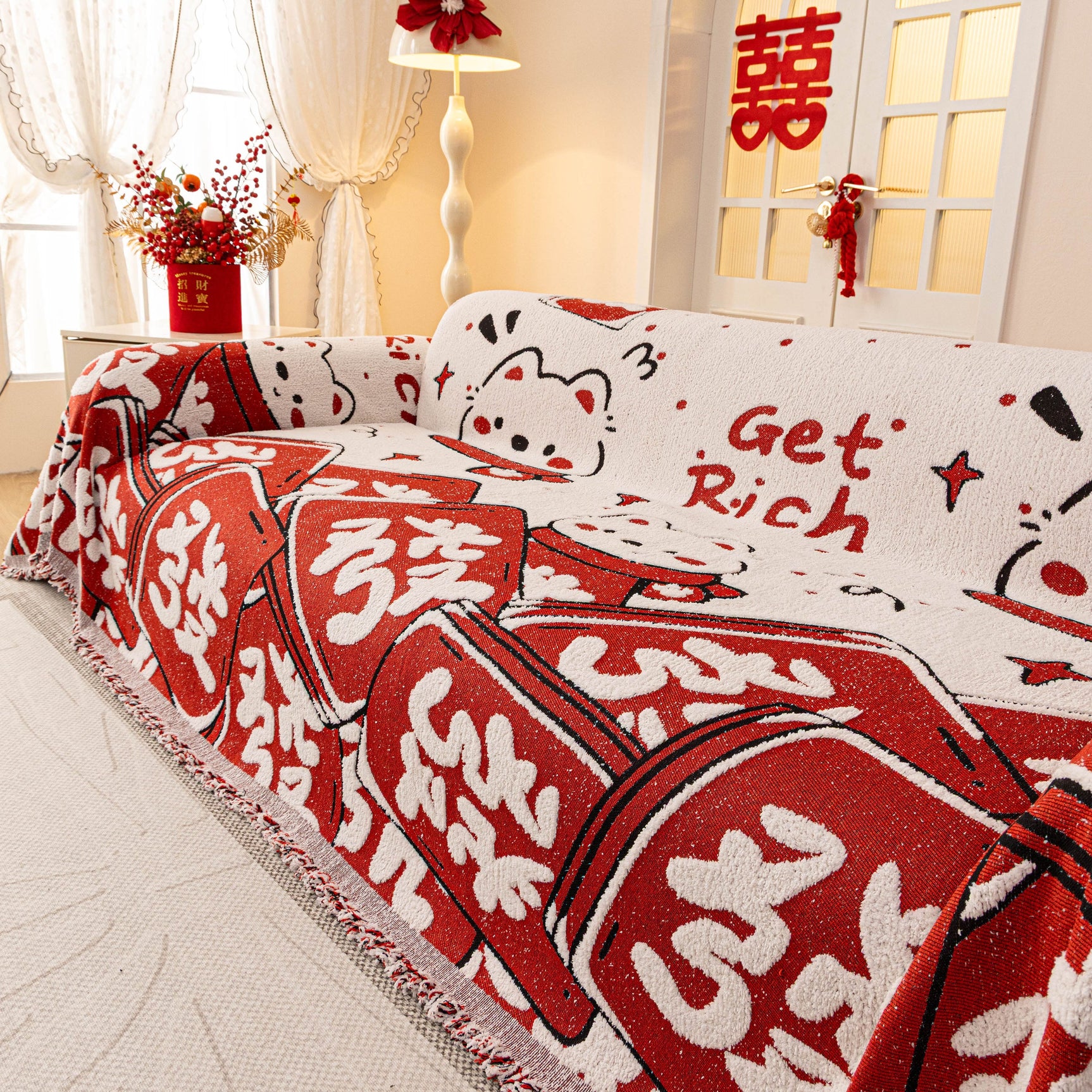 Chinese New Year Sofa Throw Cover Blanket, Decor Festive Red Fu Pattern Couch Cover - Ornate Home