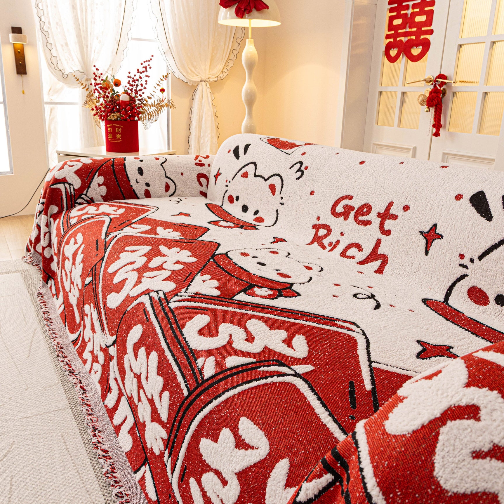 Chinese New Year Sofa Throw Cover Blanket, Decor Festive Red Fu Pattern Couch Cover - Ornate Home