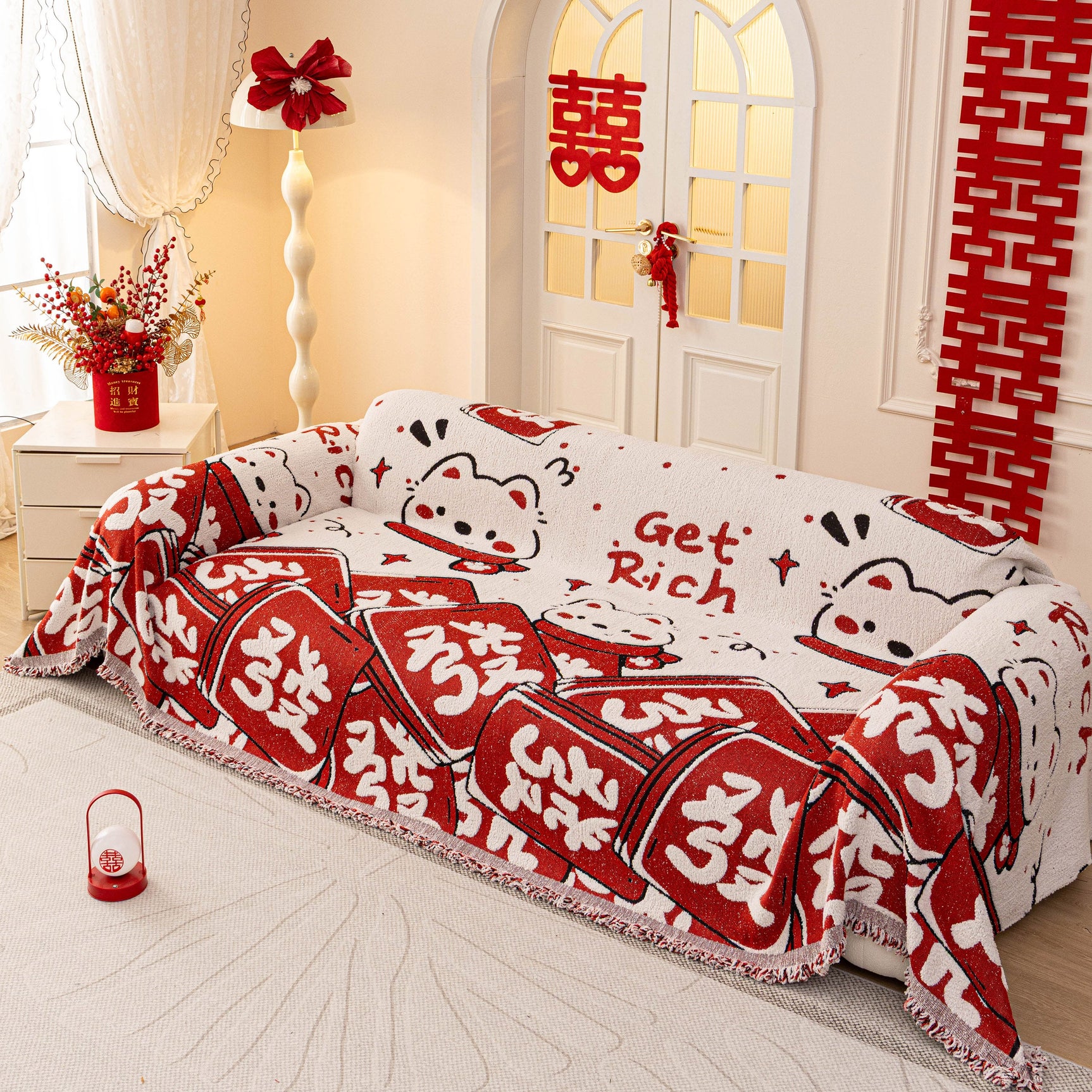 Chinese New Year Sofa Throw Cover Blanket, Decor Festive Red Fu Pattern Couch Cover - Ornate Home