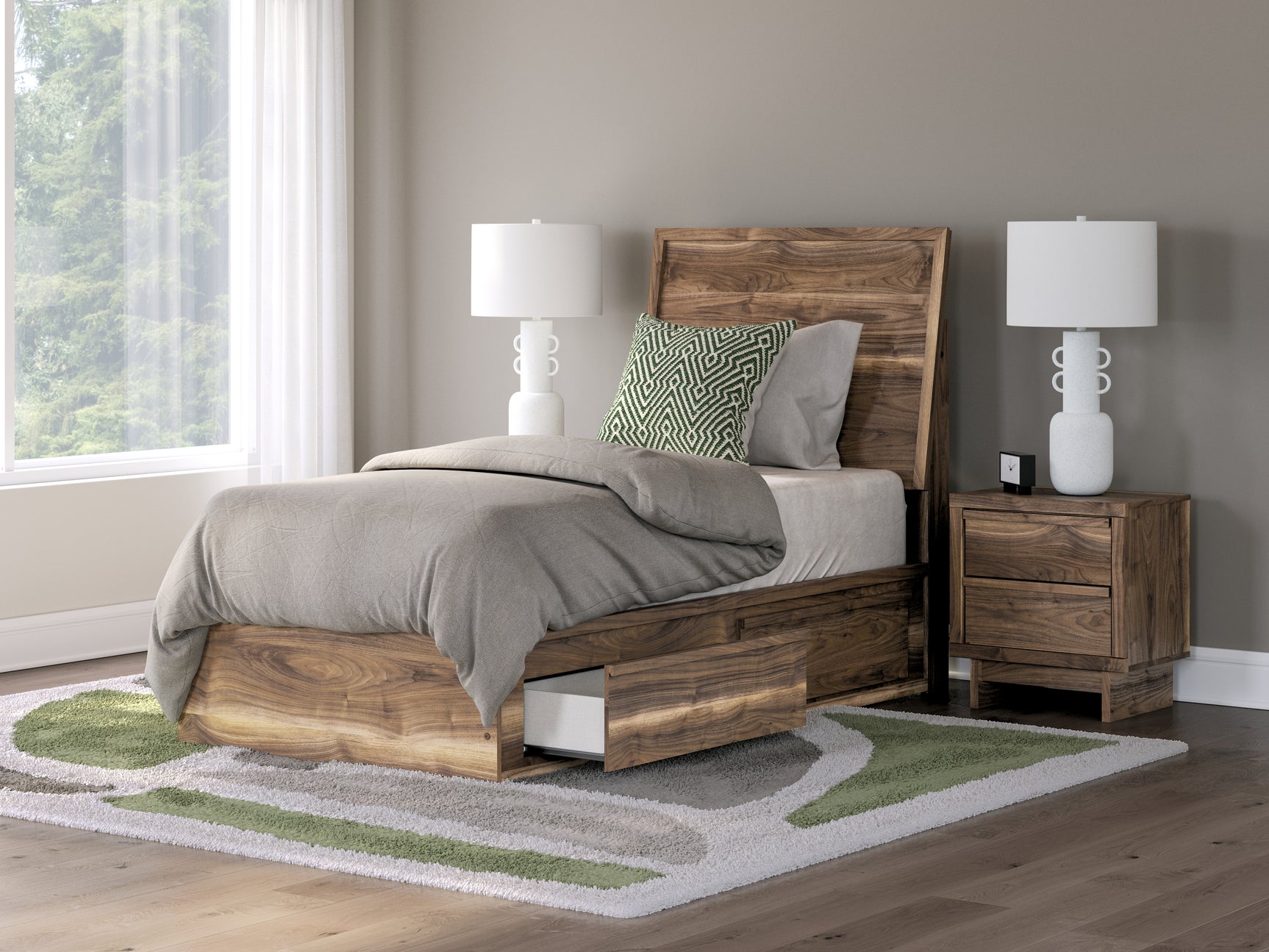 Chirason Brown Twin Panel Bed with Storage, Dresser and Mirror - Ornate Home