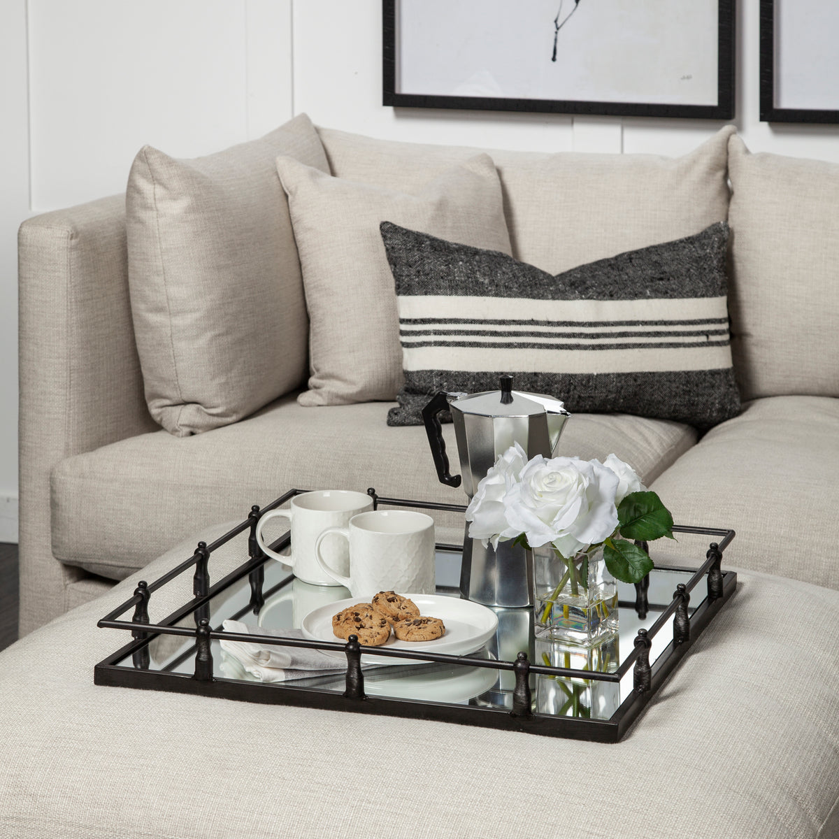 Christa Black Metal Mirrored Base Square Tray - Ornate Home