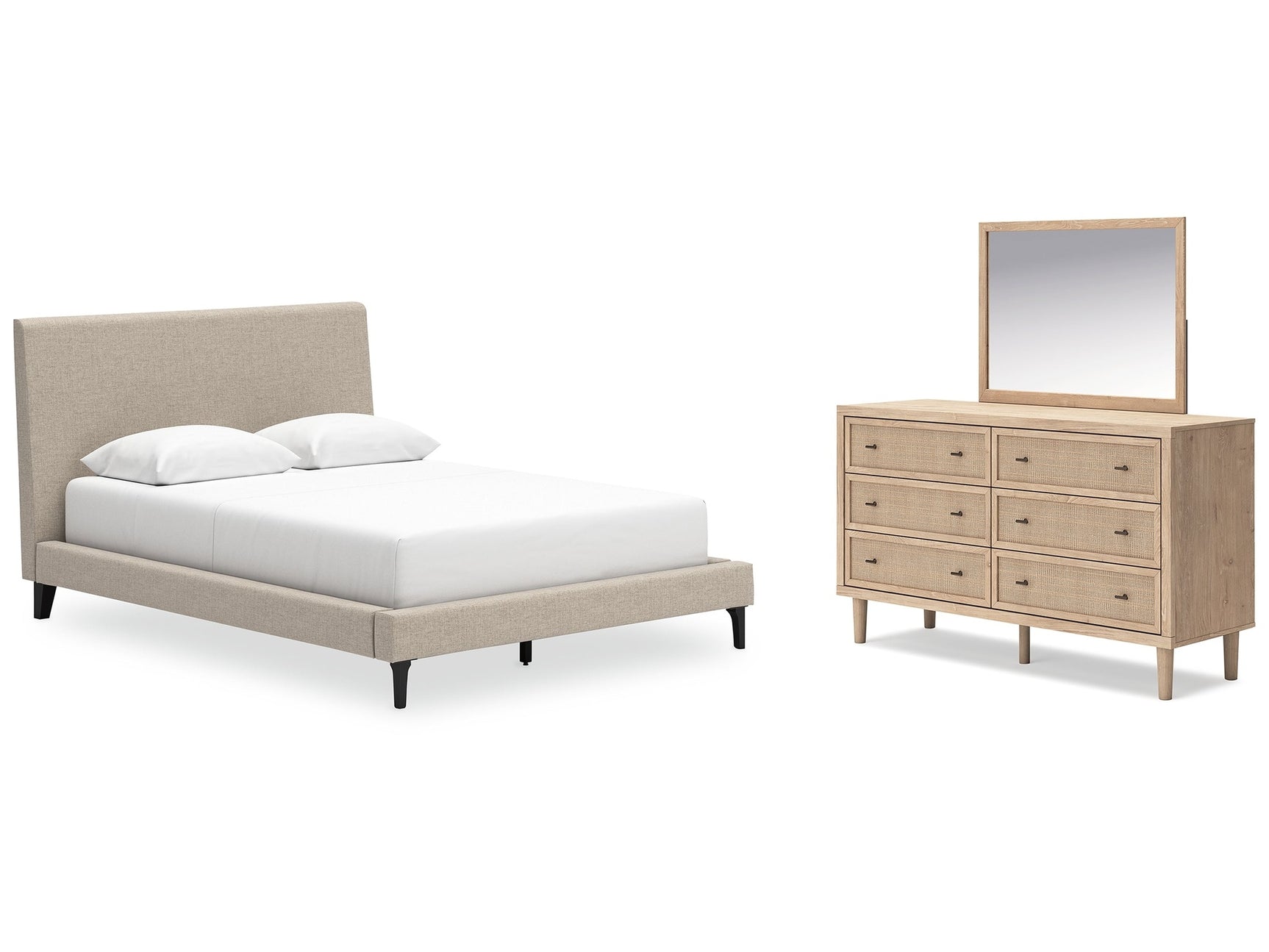 Cielden Two-tone/Soft Gray Queen Upholstered Bed, Dresser and Mirror (Online Special Price) - Ornate Home