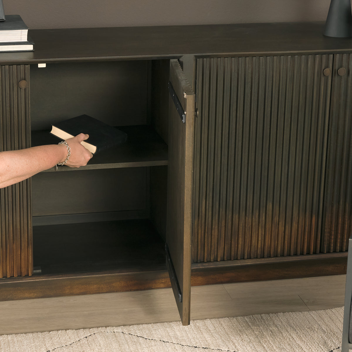 Cinder Dark Brown Distressed Wood Reeded 4-Door Closed Sideboard - Ornate Home