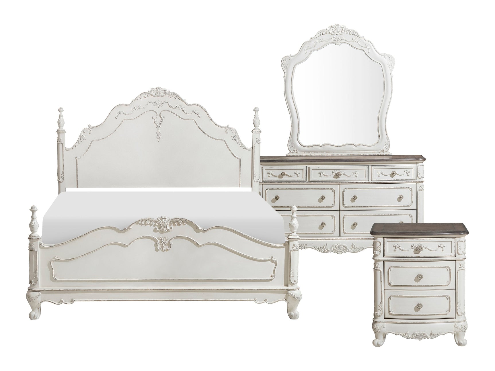 Cinderella Antique White 4-piece Queen Bedroom Set - Ornate Home