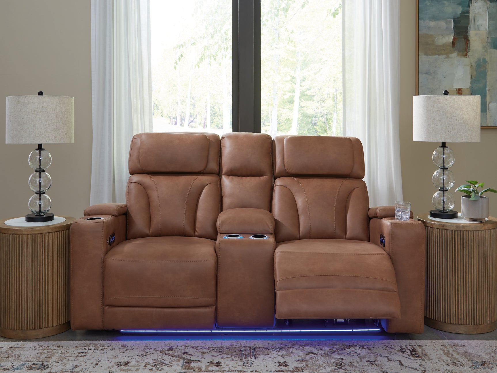 Clean-Slate Caramel Power Reclining Loveseat with Console - Ornate Home