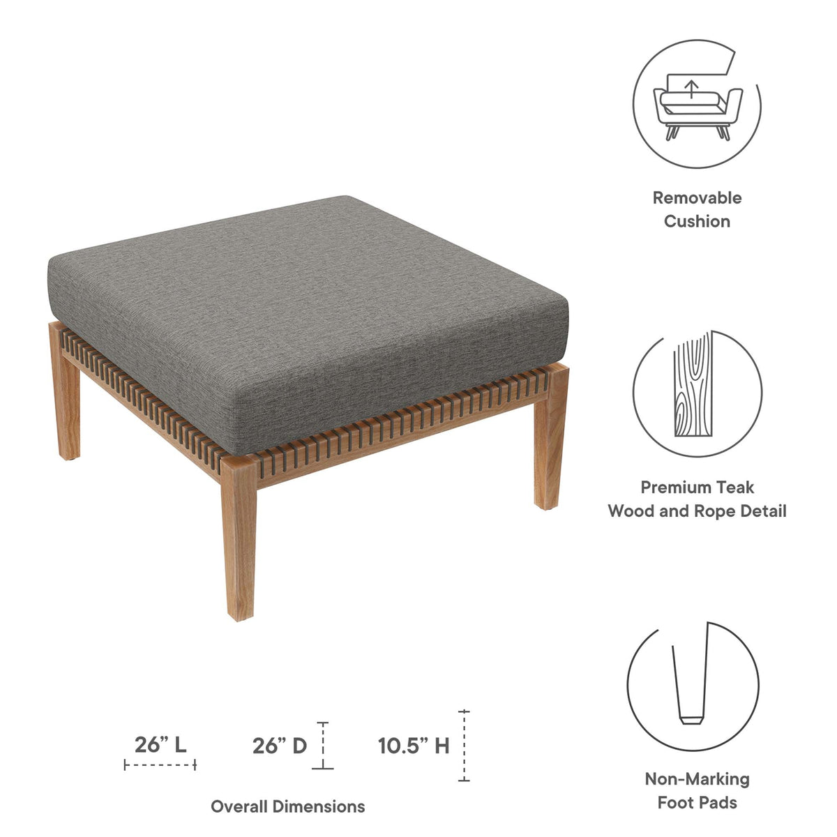 Clearwater Gray/Graphite Outdoor Patio Teak Wood Ottoman - Ornate Home
