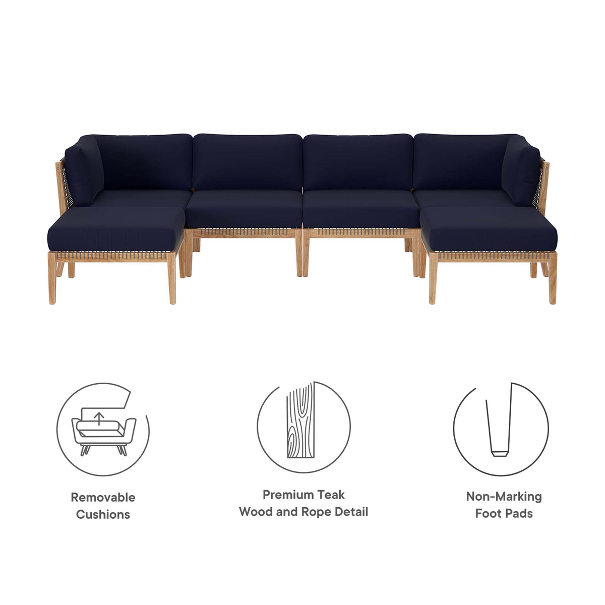 Clearwater Gray/Navy 6-Piece Outdoor Patio Teak Wood Sectional Sofa - 55x116" - Ornate Home