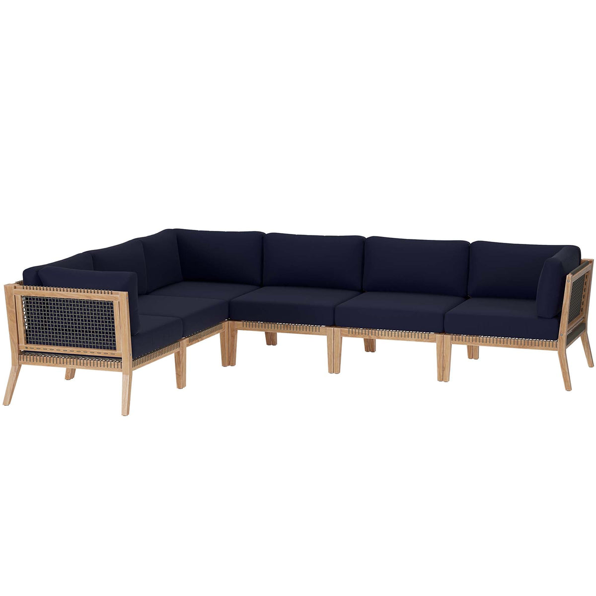 Clearwater Gray/Navy 6-Piece Outdoor Patio Teak Wood Sectional Sofa - 87x116" - Ornate Home