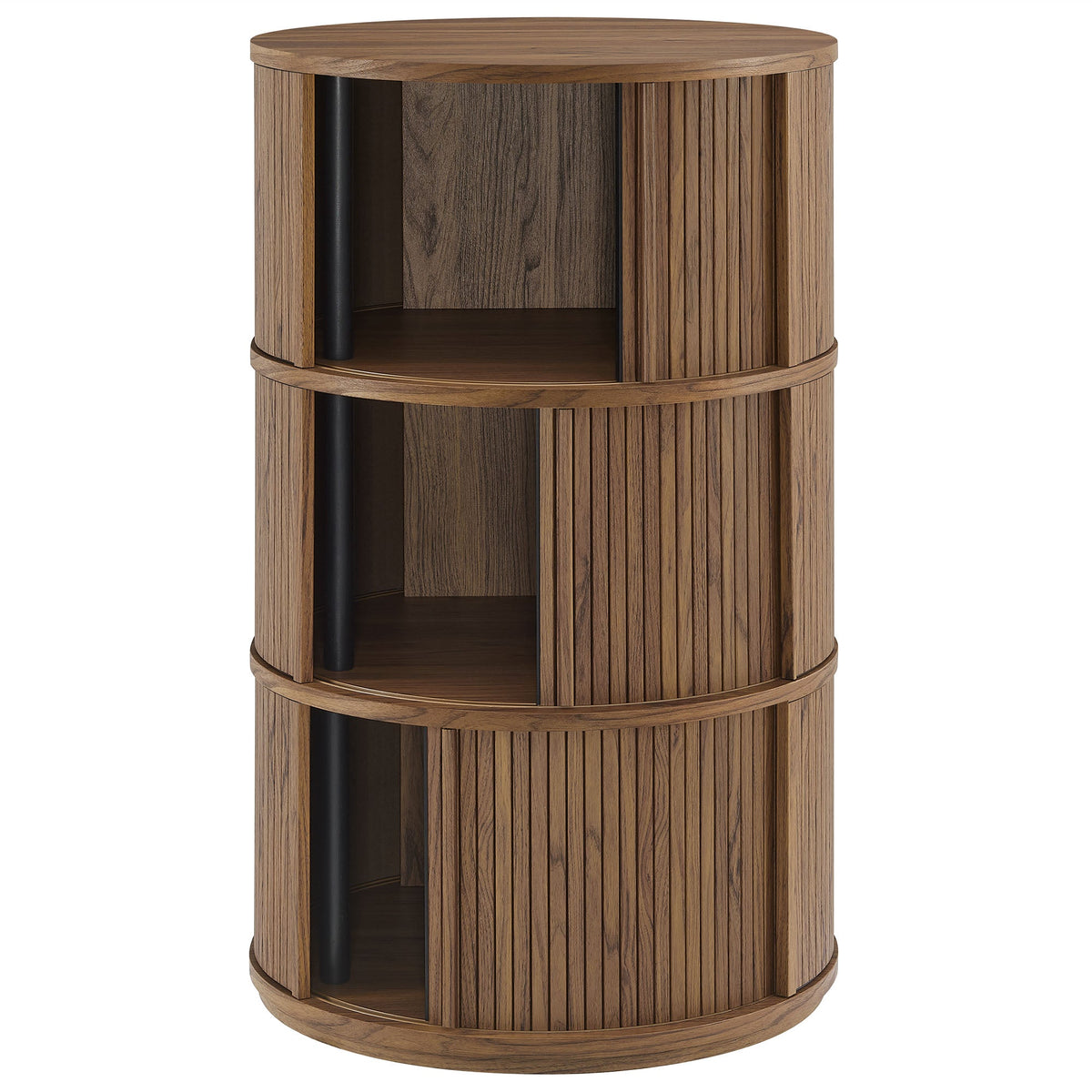 Clement Walnut Round Pedestal Stand Storage Table With Sliding Tambour Doors - Ornate Home