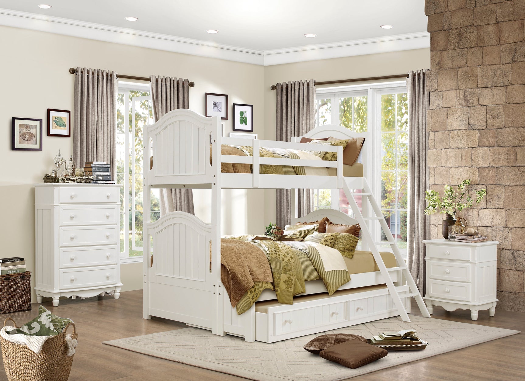 Clementine White Twin/Full Bunk Bed with Twin Trundle - Ornate Home
