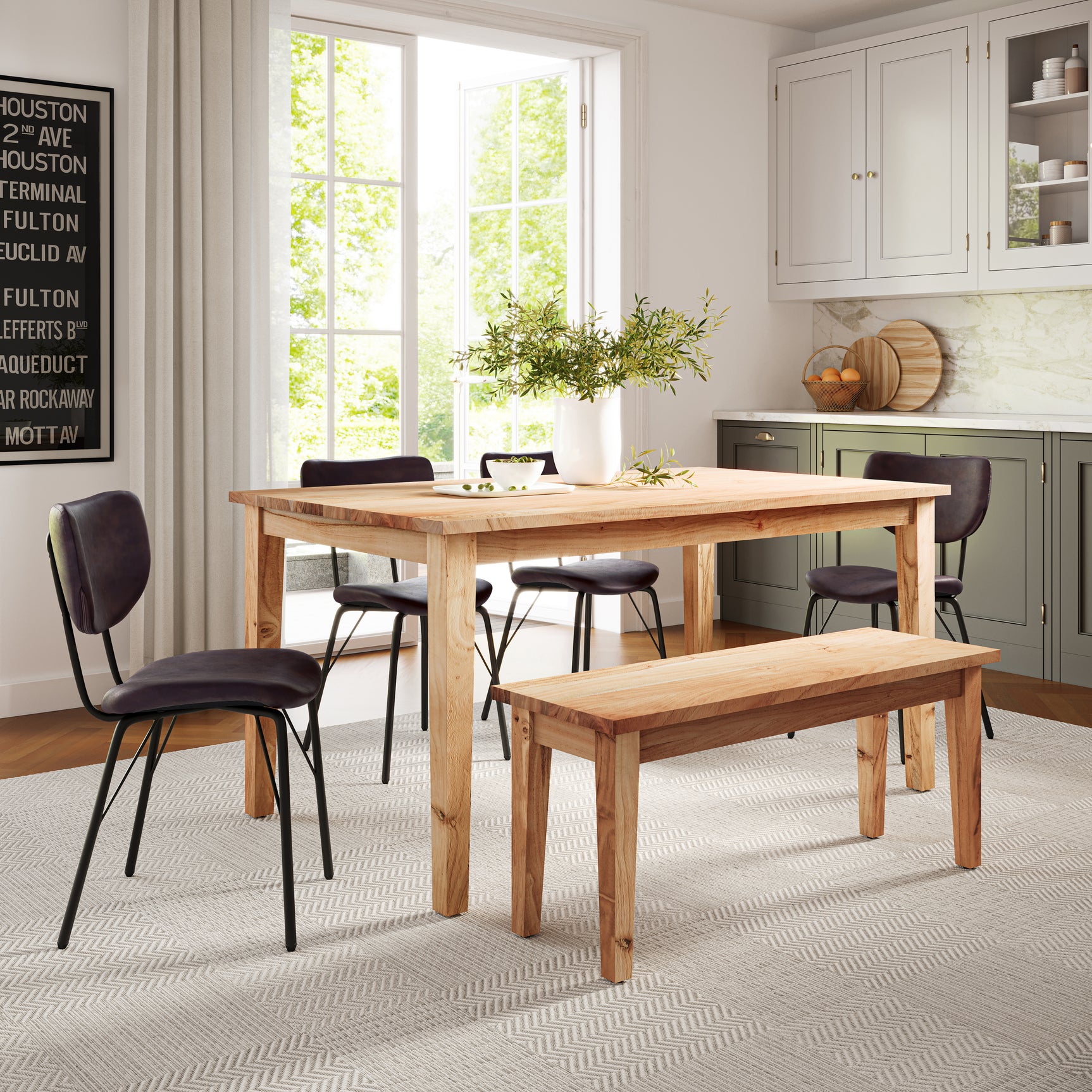 Colby Natural/Dark Brown Rect. Dining Table, Bench w/ 4 Owen Chairs - Ornate Home