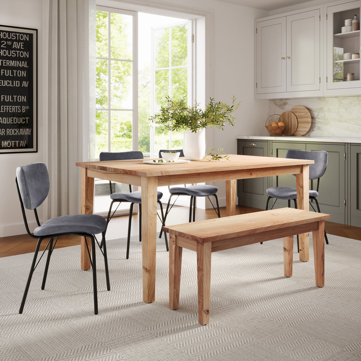 Colby Natural/Grey Rect. Dining Table, Bench w/ 4 Owen Chairs - Ornate Home