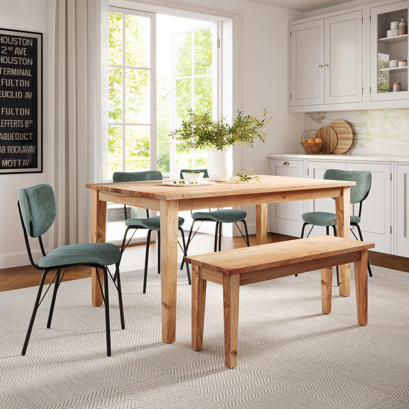 Colby Natural/Jade Rect. Dining Table, Bench w/ 4 Owen Chairs - Ornate Home