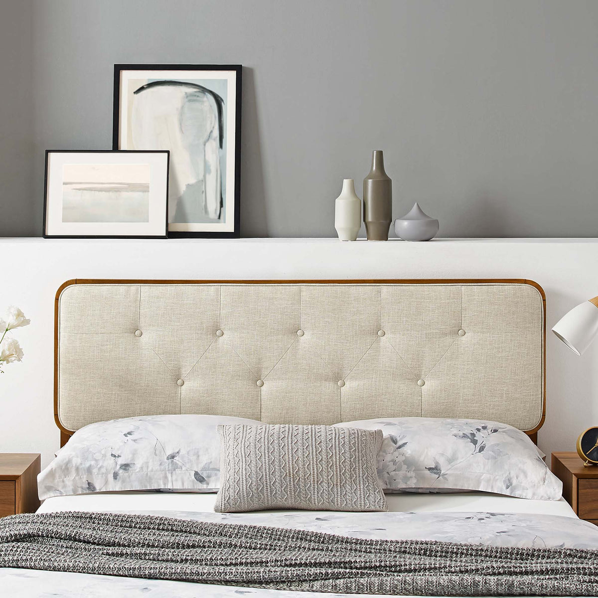 Collins Walnut/Beige Tufted Fabric and Wood Queen Headboard - Ornate Home