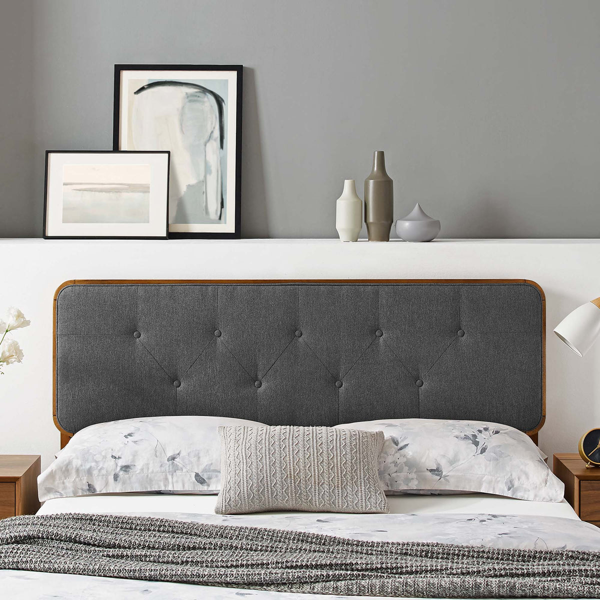 Collins Walnut/Charcoal Tufted Fabric and Wood Twin Headboard - Ornate Home