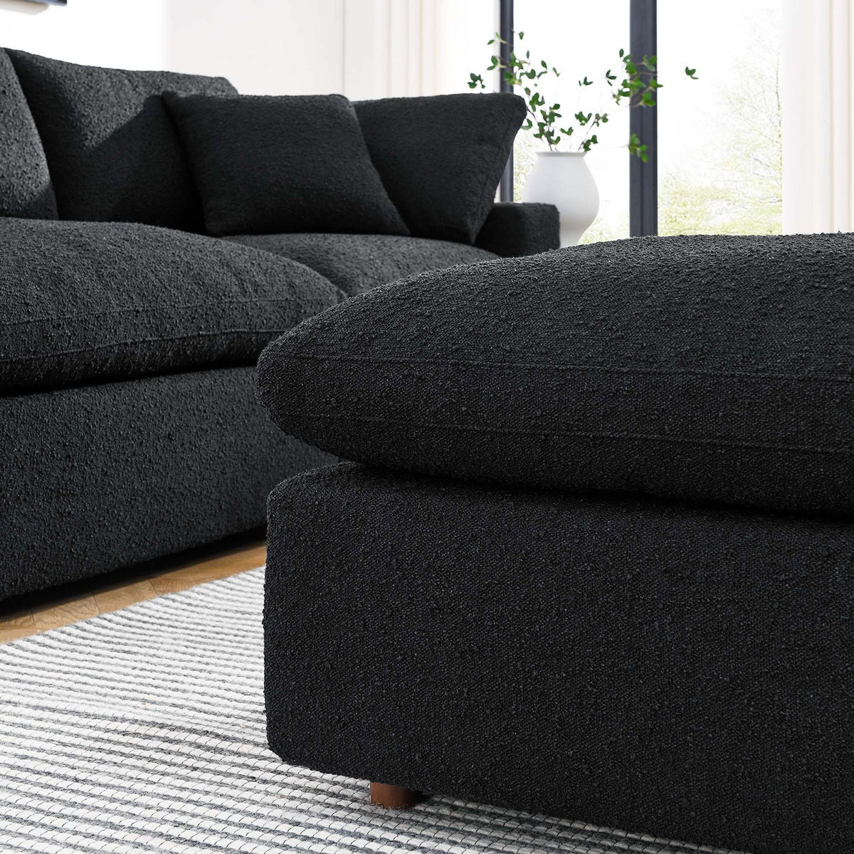 Commix Black Down Filled Overstuffed Boucle Fabric Ottoman - Ornate Home