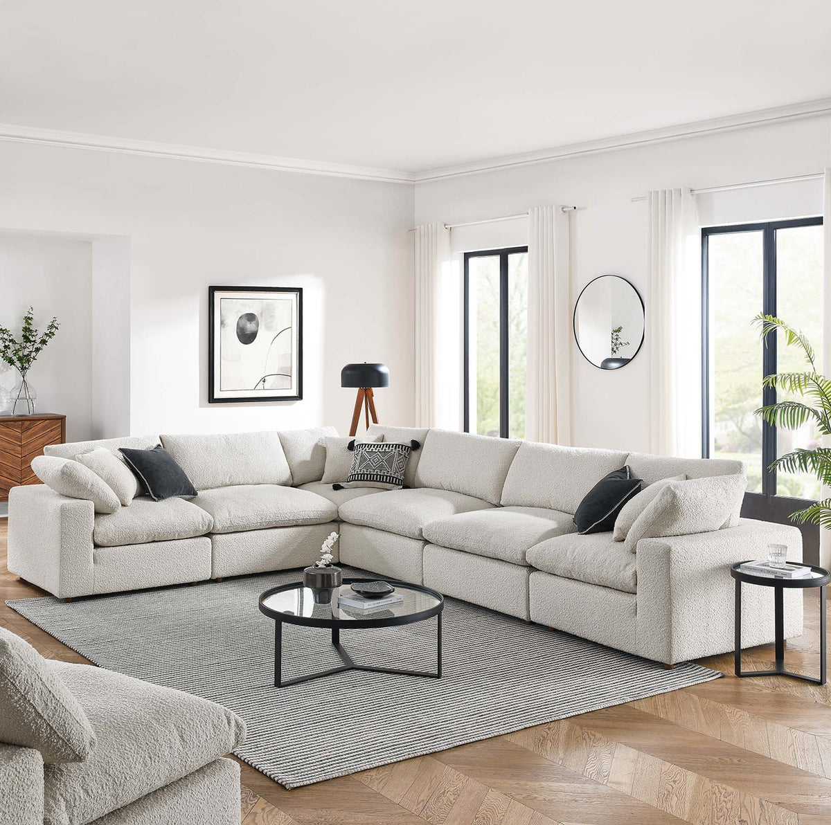 Commix Ivory 6-Piece Down Filled Overstuffed Boucle Fabric Sectional Sofa - 40x159" - Ornate Home