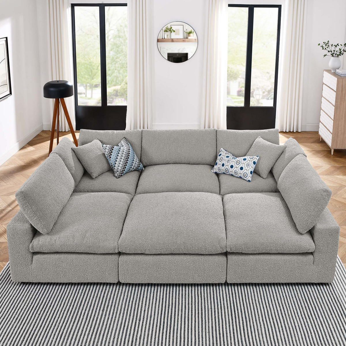 Commix Light Gray 6-Piece Down Filled Overstuffed Boucle Fabric Sectional Sofa - 80x120" - Ornate Home