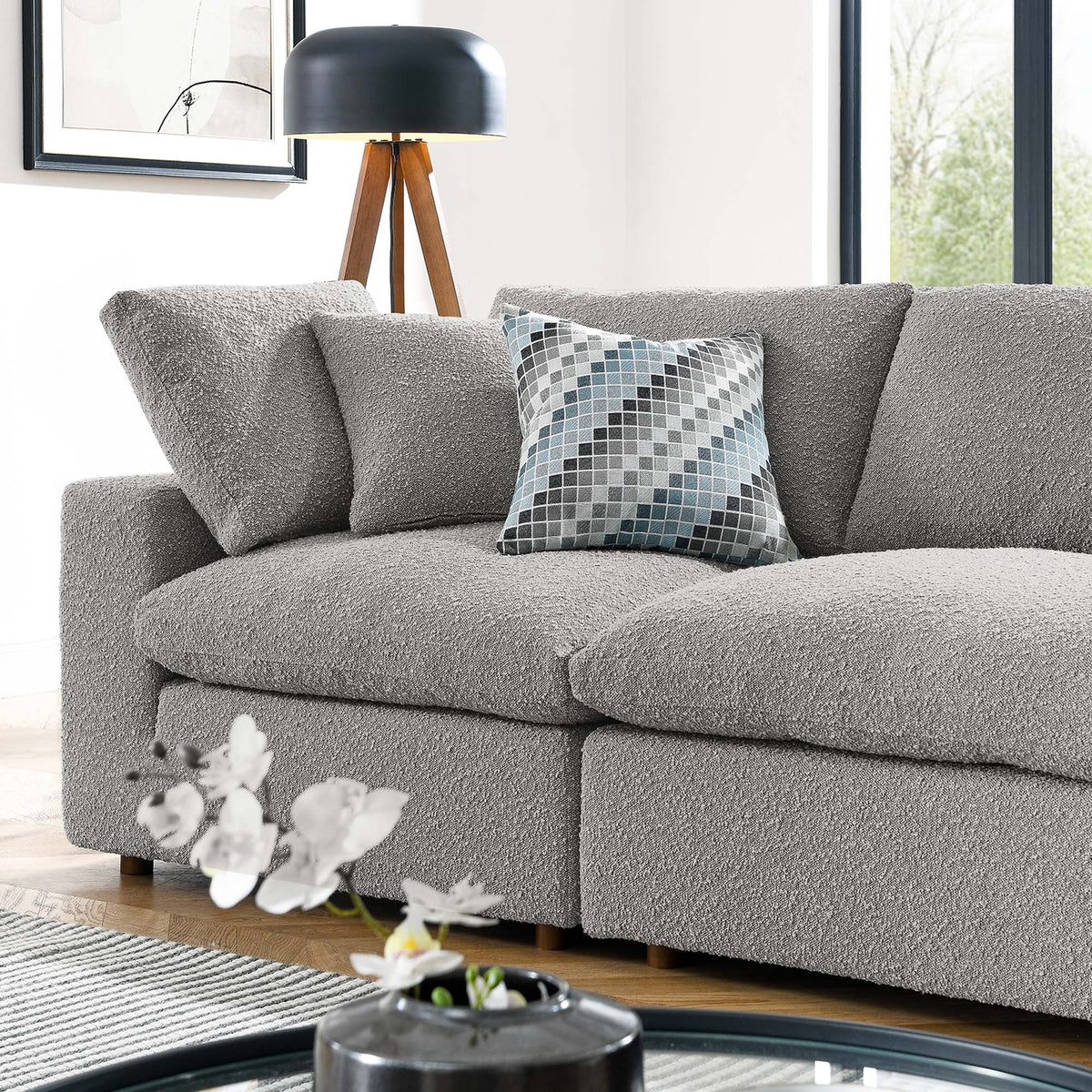 Commix Light Gray Down Filled Overstuffed Boucle Fabric 4-Seater Sofa - Ornate Home