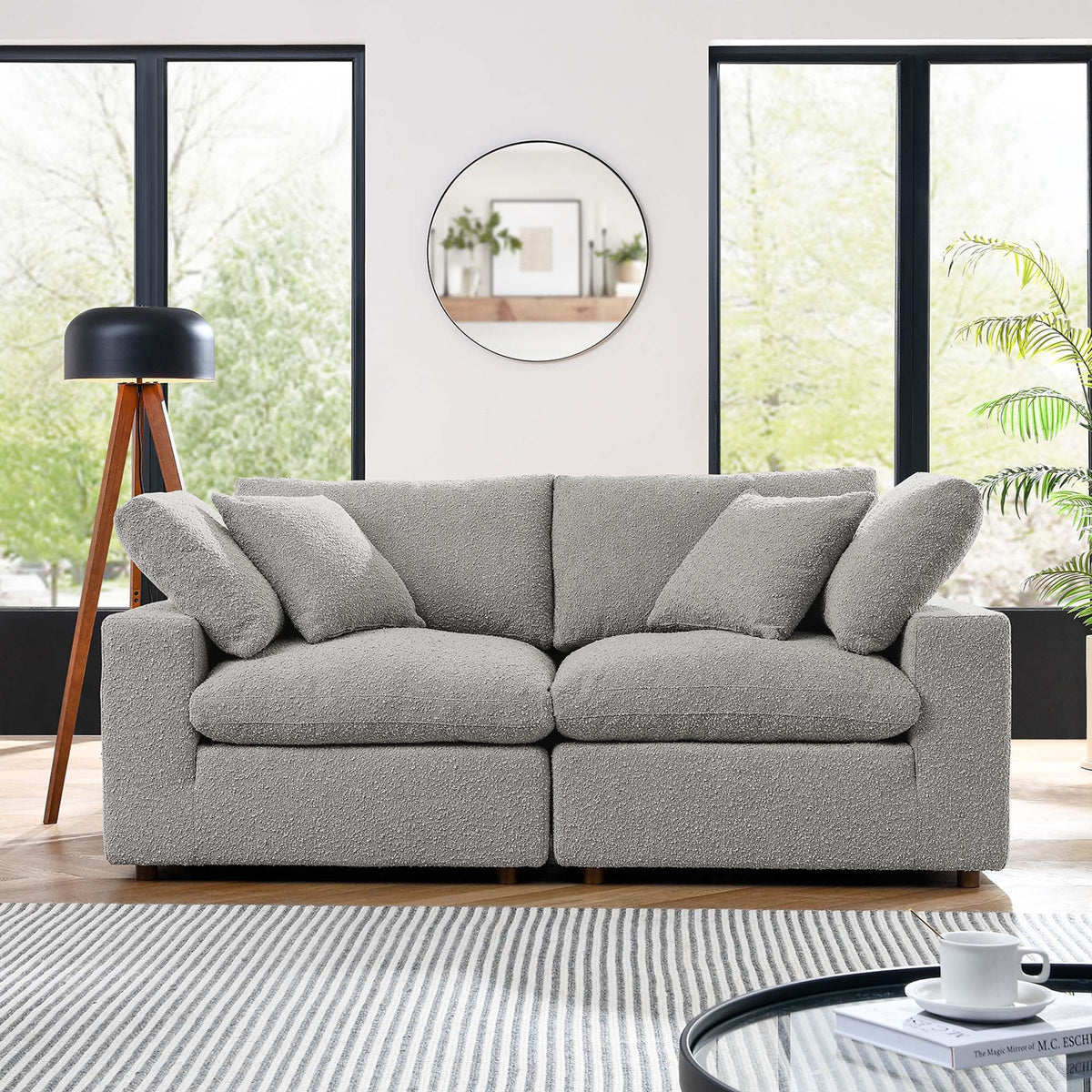 Commix Light Gray Down Filled Overstuffed Boucle Fabric Loveseat - Ornate Home