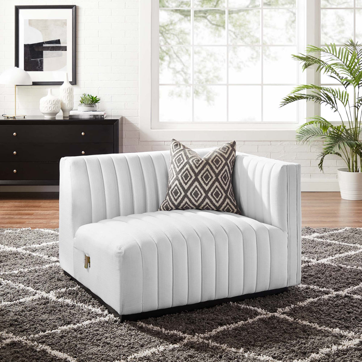 Conjure Black/White Channel Tufted Upholstered Fabric Right-Arm Chair - Ornate Home