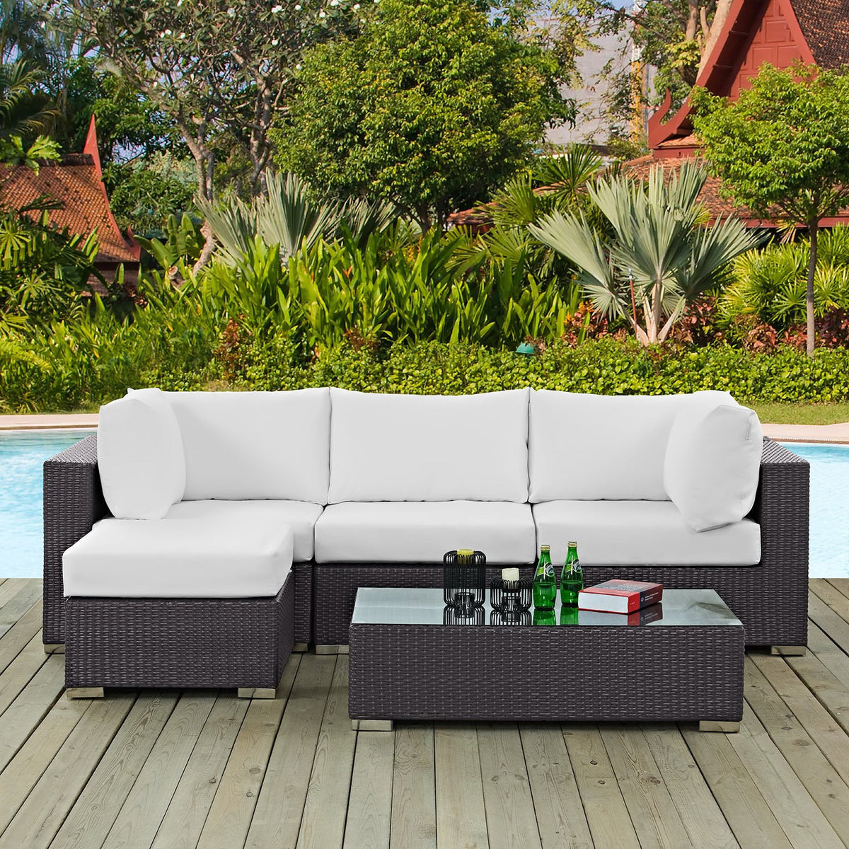 Convene Espresso/White 5 Piece Outdoor Patio Sectional Set - 98.5x98.5" - Ornate Home