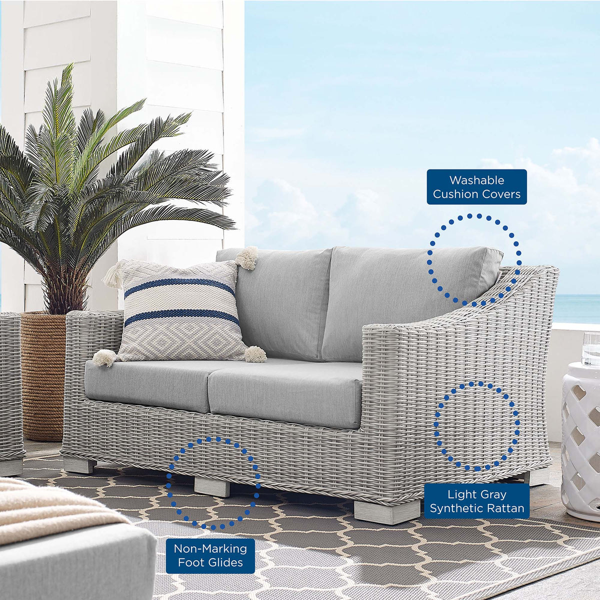 Conway Light Gray/Gray Sunbrella Outdoor Patio Wicker Rattan Loveseat - Ornate Home