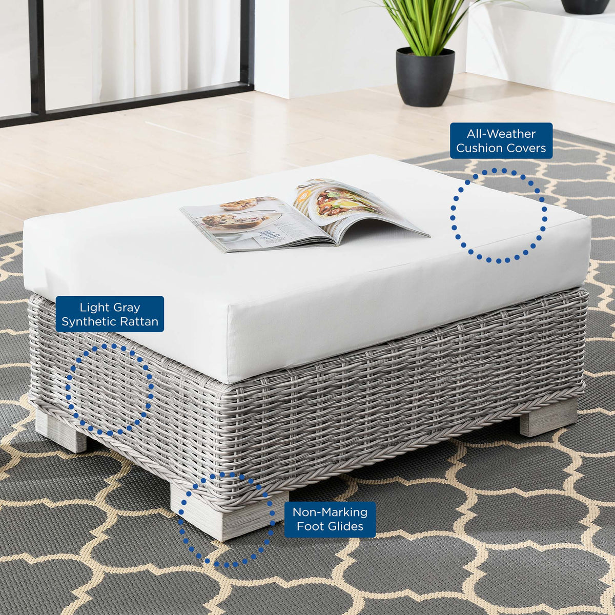 Conway Light Gray/White Outdoor Patio Wicker Rattan Ottoman - Ornate Home