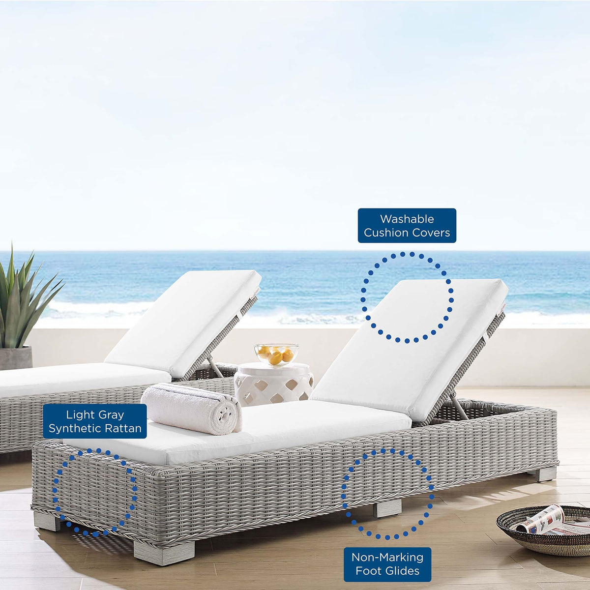 Conway Light Gray/White Sunbrella Outdoor Patio Wicker Rattan Chaise Lounge - Ornate Home