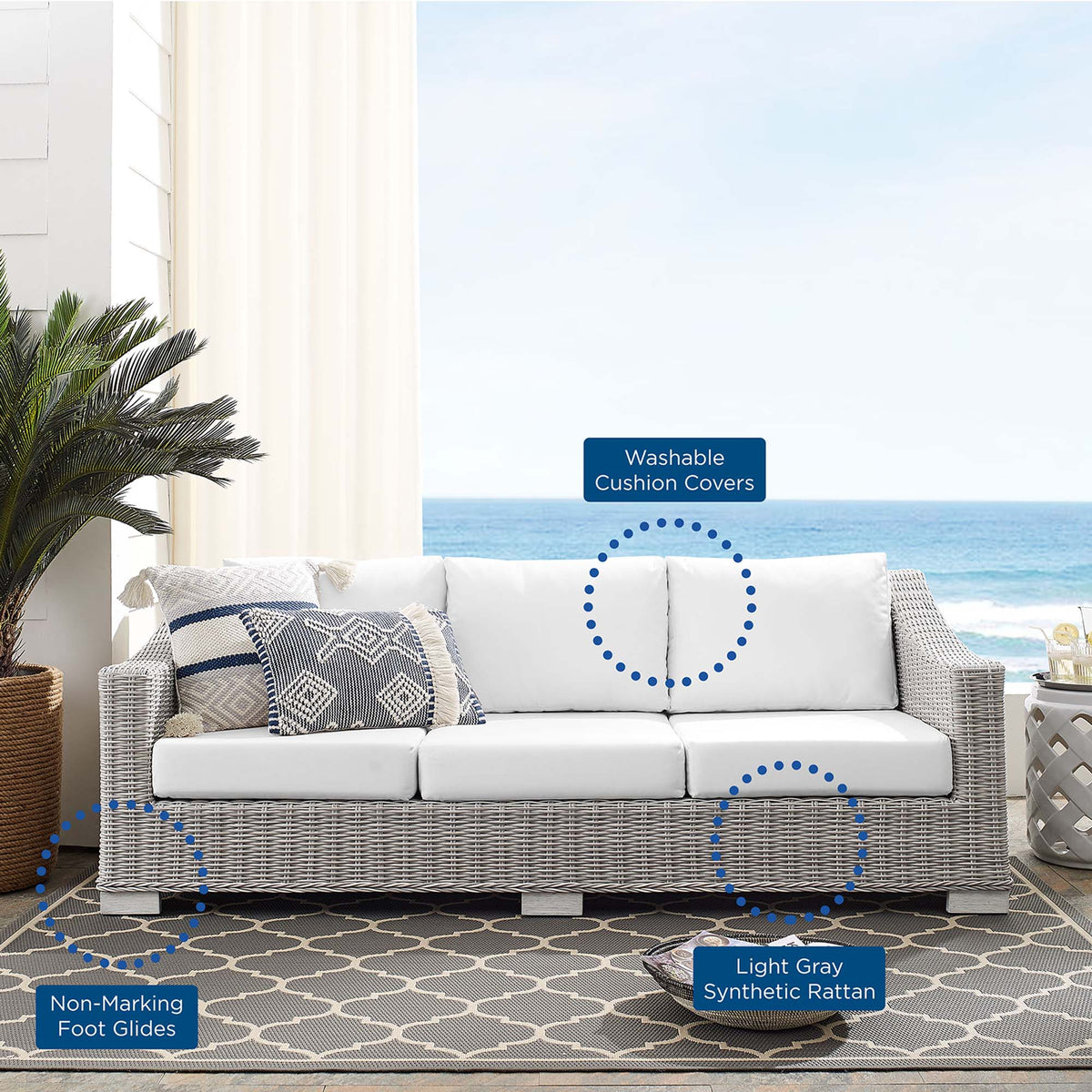 Conway Light Gray/White Sunbrella Outdoor Patio Wicker Rattan Sofa - Ornate Home