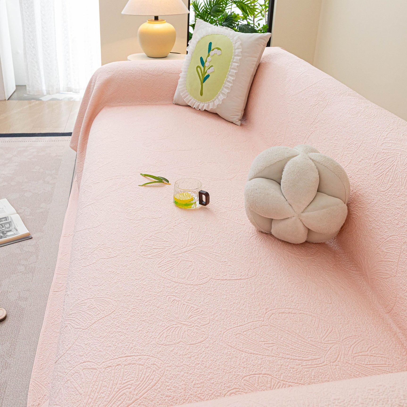 Cooling Embossed Botanical Couch Cover, Soft Ice Silk Furniture Protector for Sofa - Ornate Home