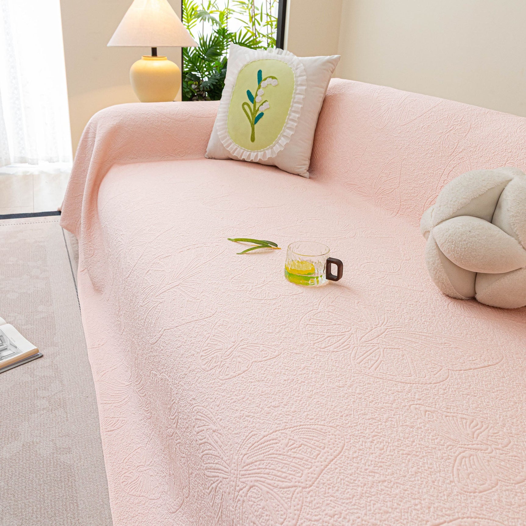 Cooling Embossed Botanical Couch Cover, Soft Ice Silk Furniture Protector for Sofa - Ornate Home