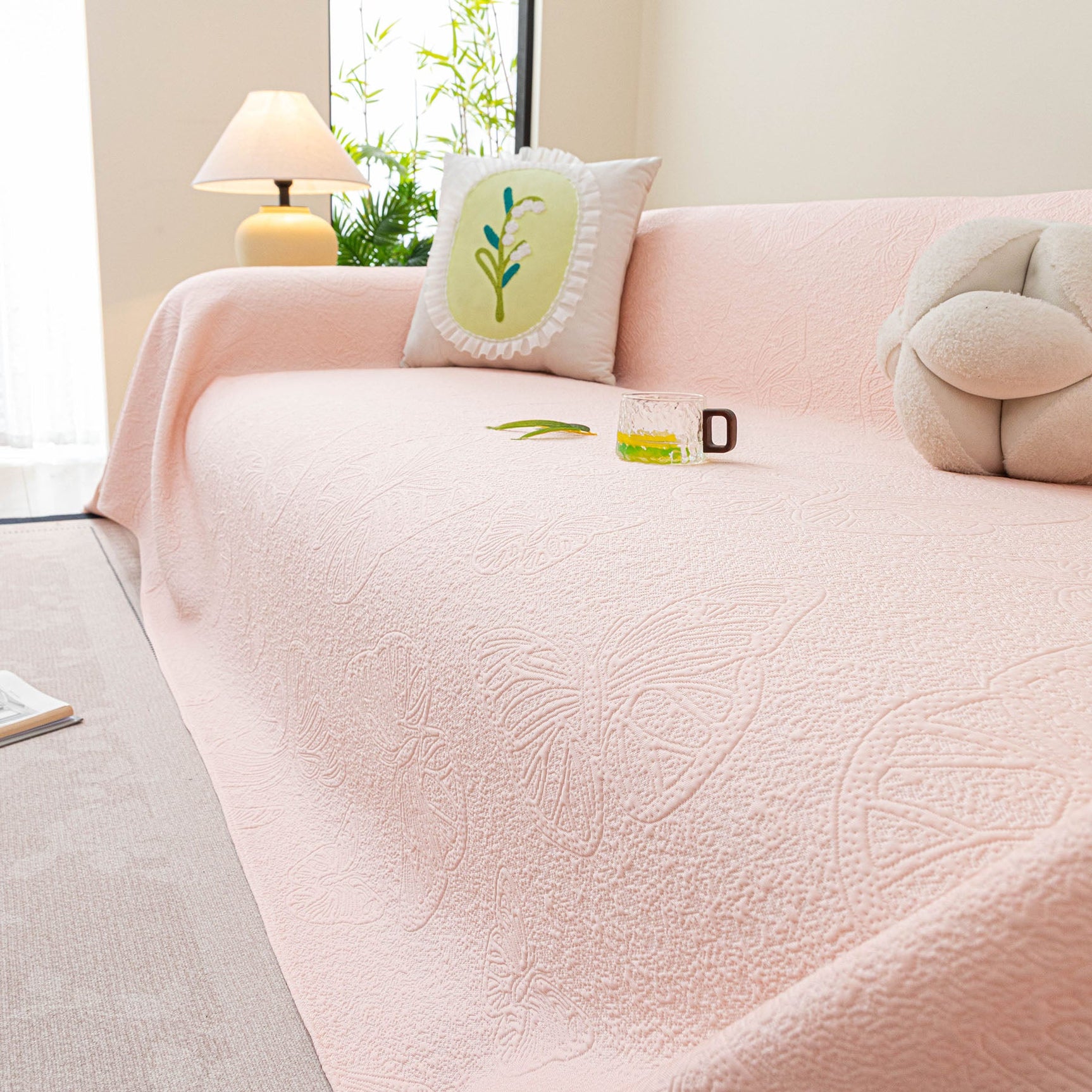 Cooling Embossed Botanical Couch Cover, Soft Ice Silk Furniture Protector for Sofa - Ornate Home