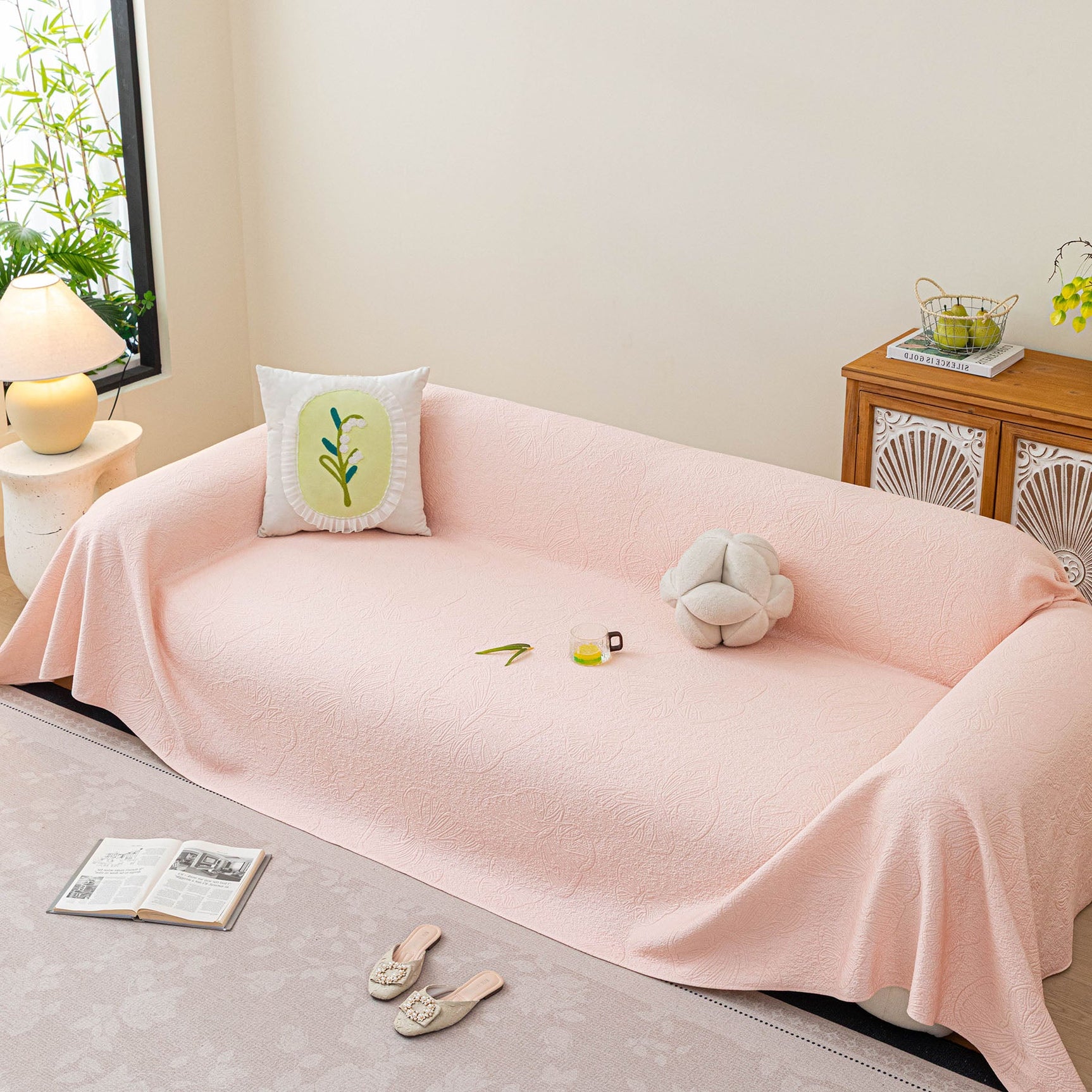 Cooling Embossed Botanical Couch Cover, Soft Ice Silk Furniture Protector for Sofa - Ornate Home