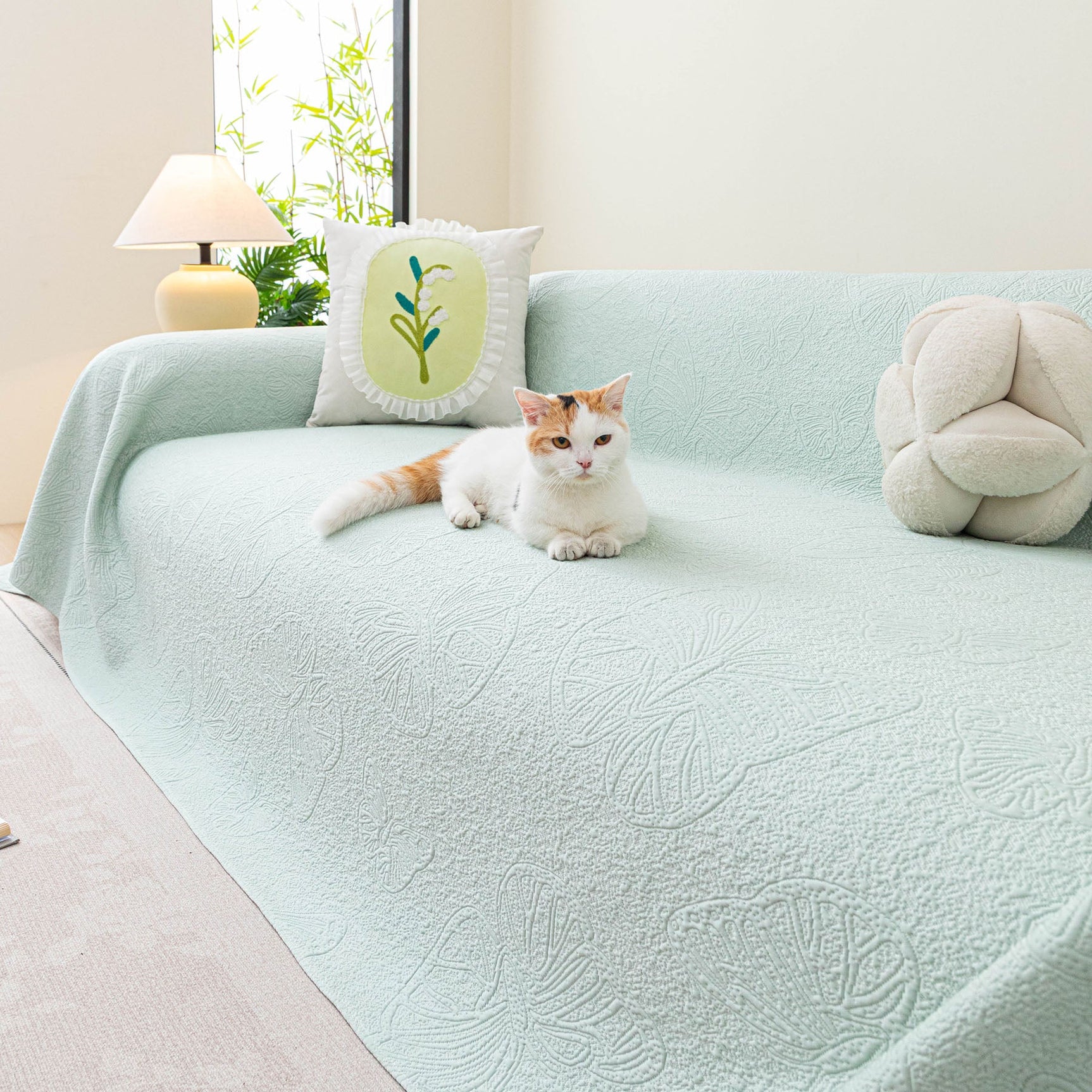 Cooling Embossed Botanical Couch Cover, Soft Ice Silk Furniture Protector for Sofa - Ornate Home